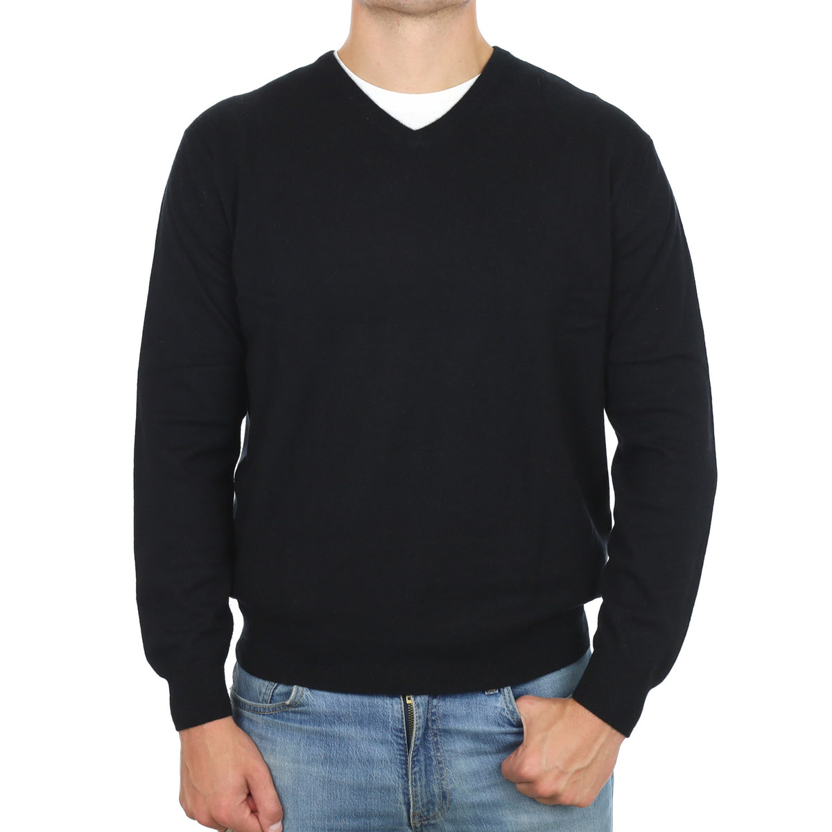 Men's Black Cashmere V Neck Jumper XL