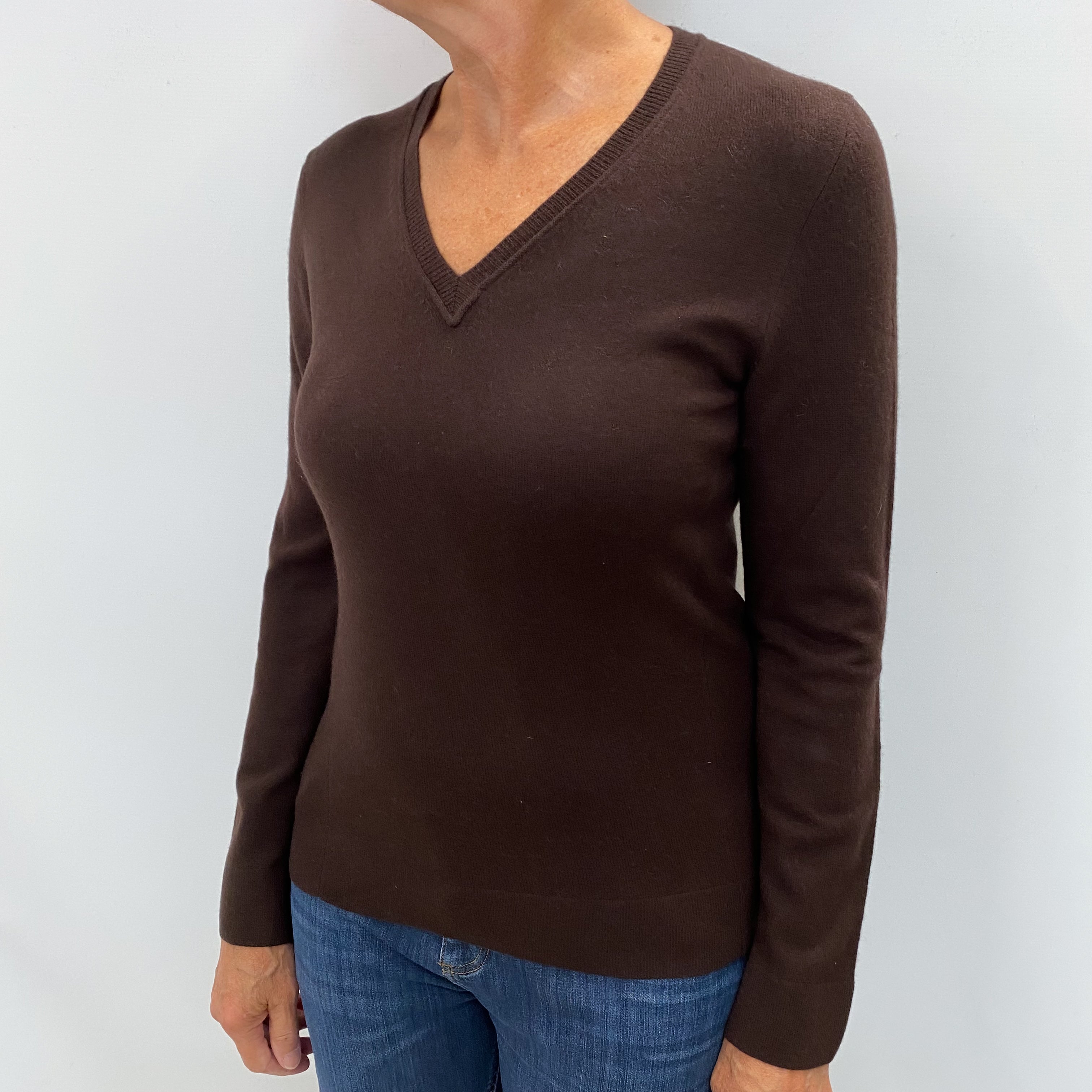Chocolate Brown Cashmere V Neck Jumper Medium