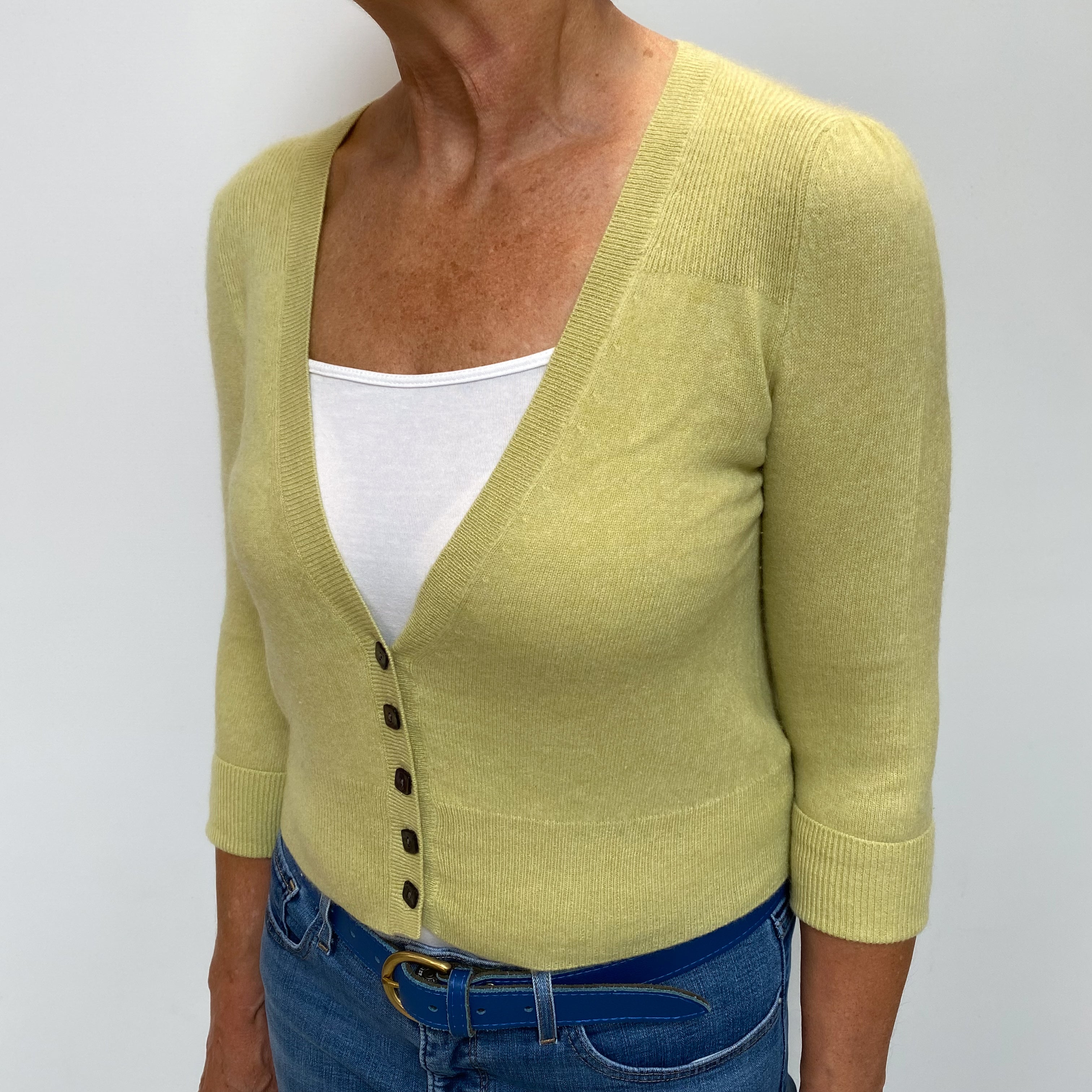 Pistachio Green Cashmere Cropped V Neck Cardigan Medium