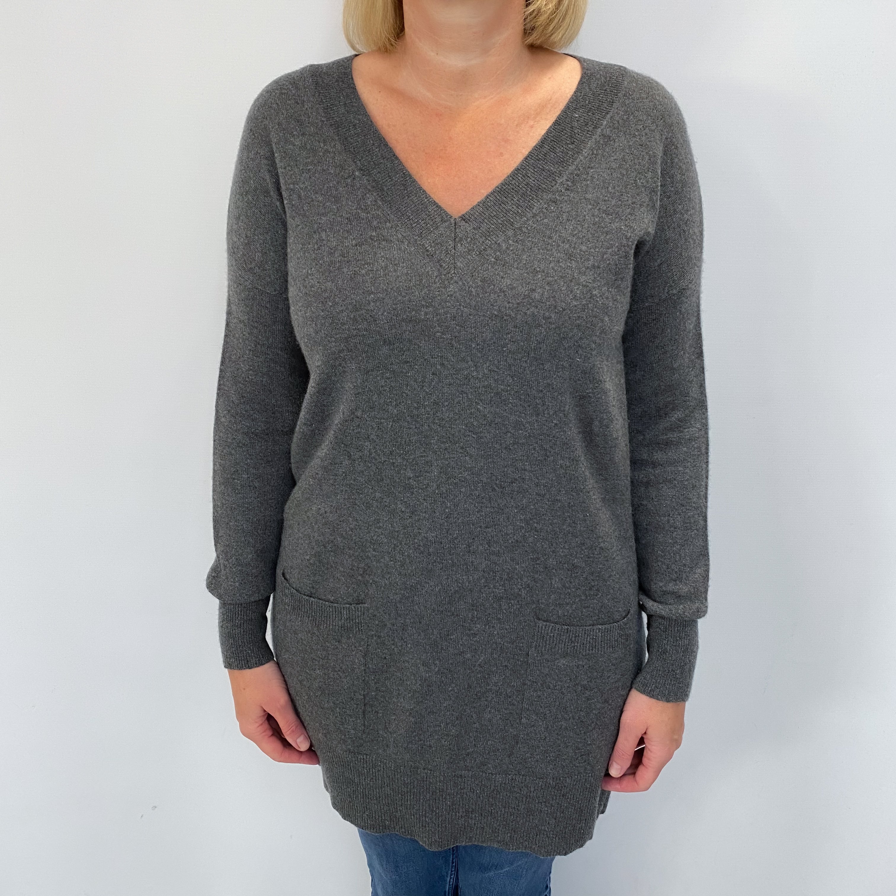 Dark Grey Cashmere V Neck Longline Jumper Large