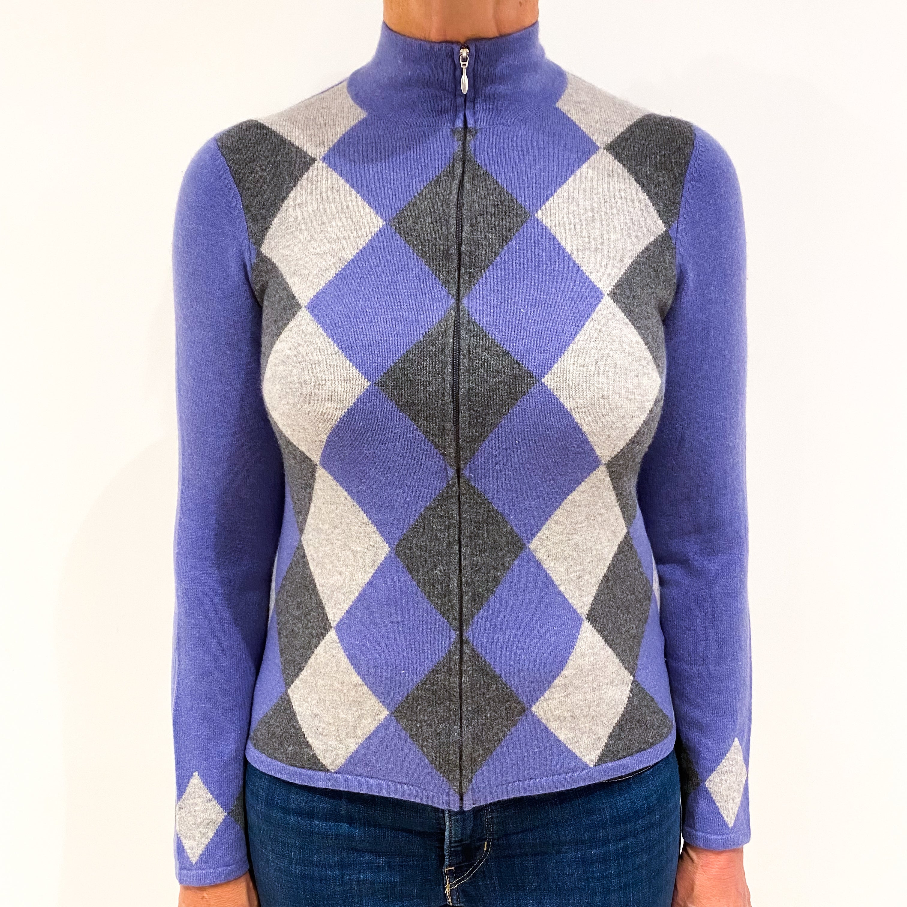 Blue Grey Diamond Pattern Cashmere Zip Up Cardigan Medium