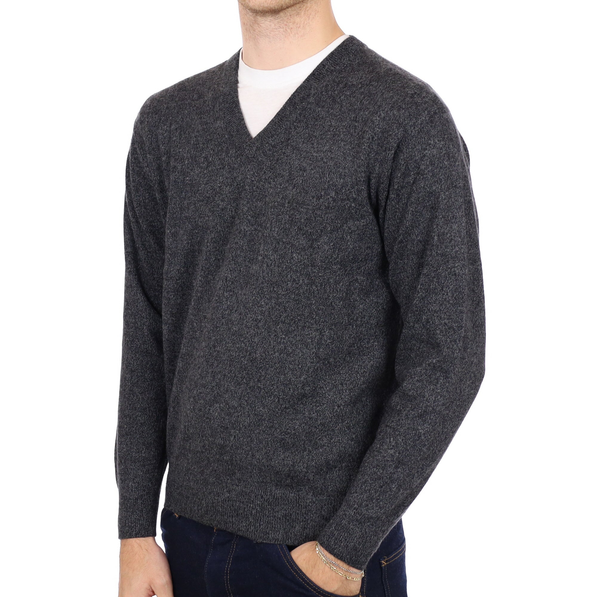 Men's Slate Grey Marl Cashmere V Neck Jumper Medium
