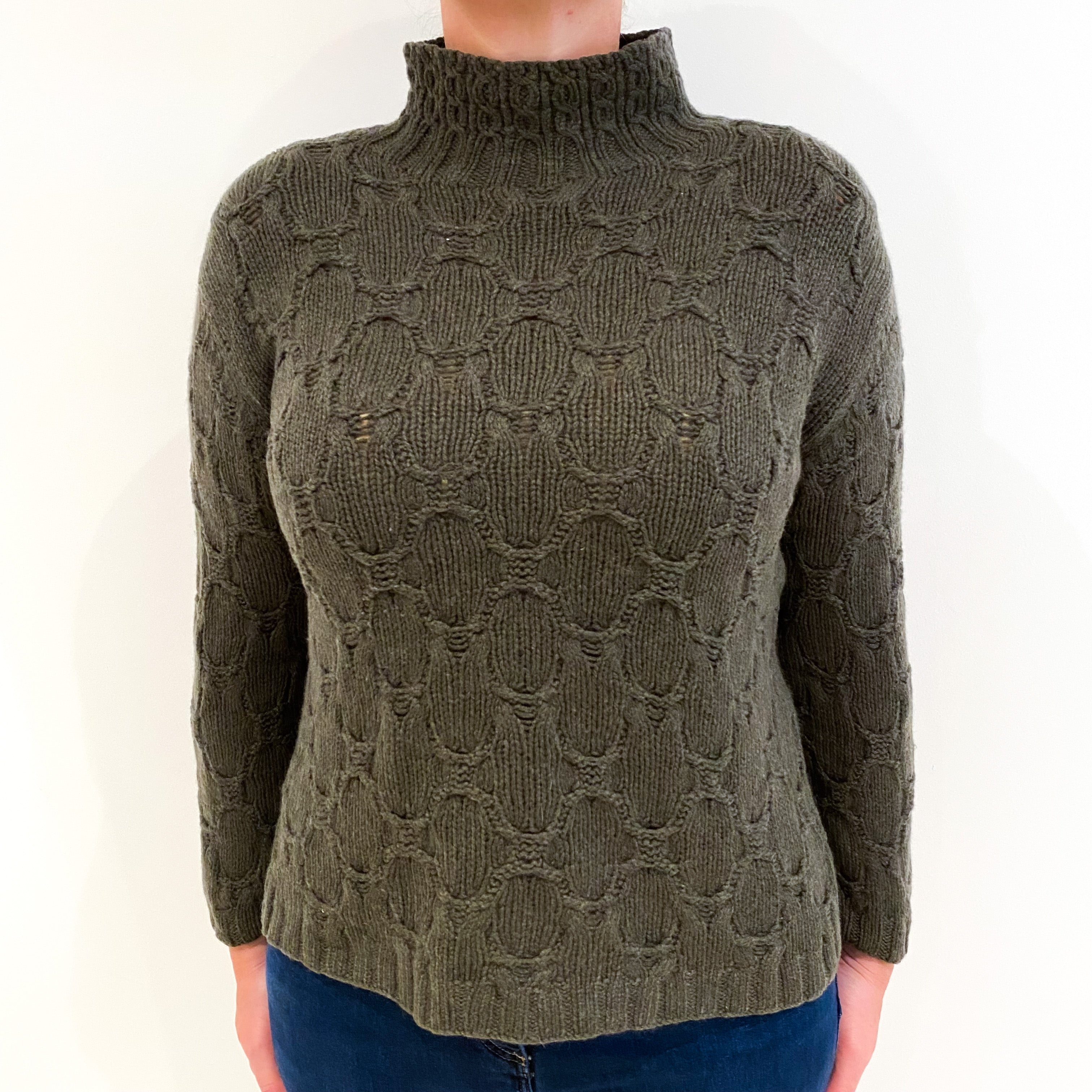 Moss Green Chunky Knit Detail Cashmere Polo Neck Jumper Large