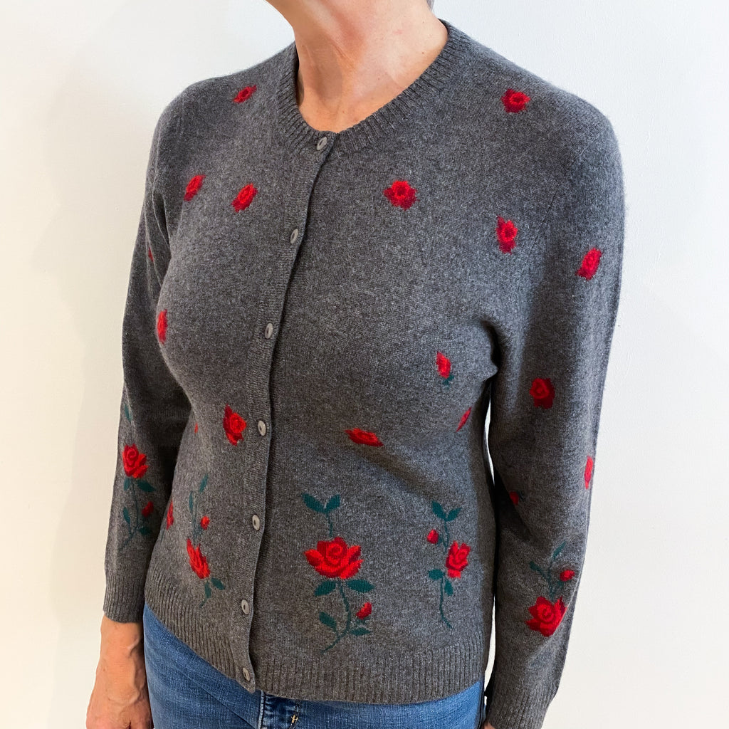 Slate Grey With Red Rose Pattern Cashmere Cardigan Medium