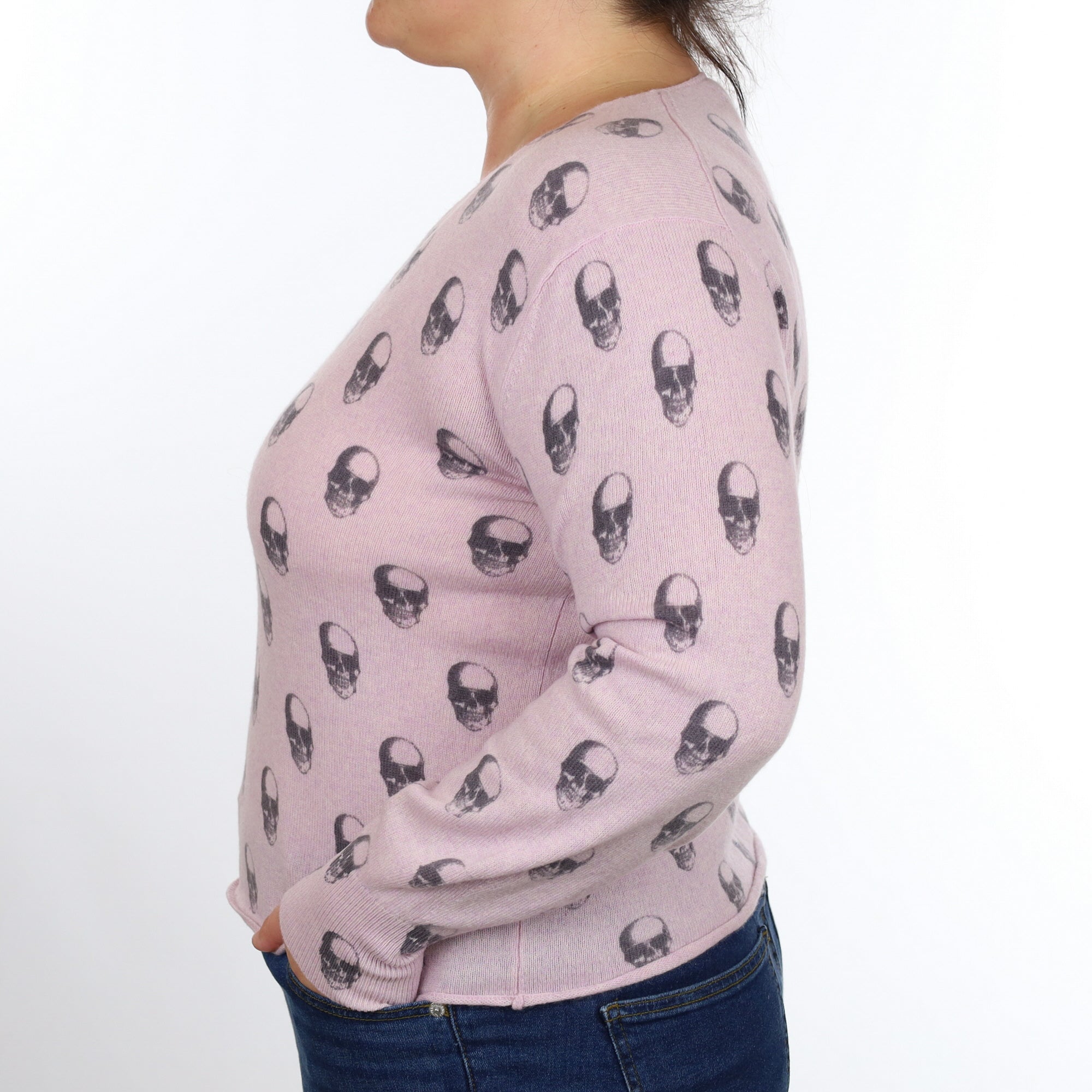 Mauve Skull Pattern Cashmere V Neck Jumper Large