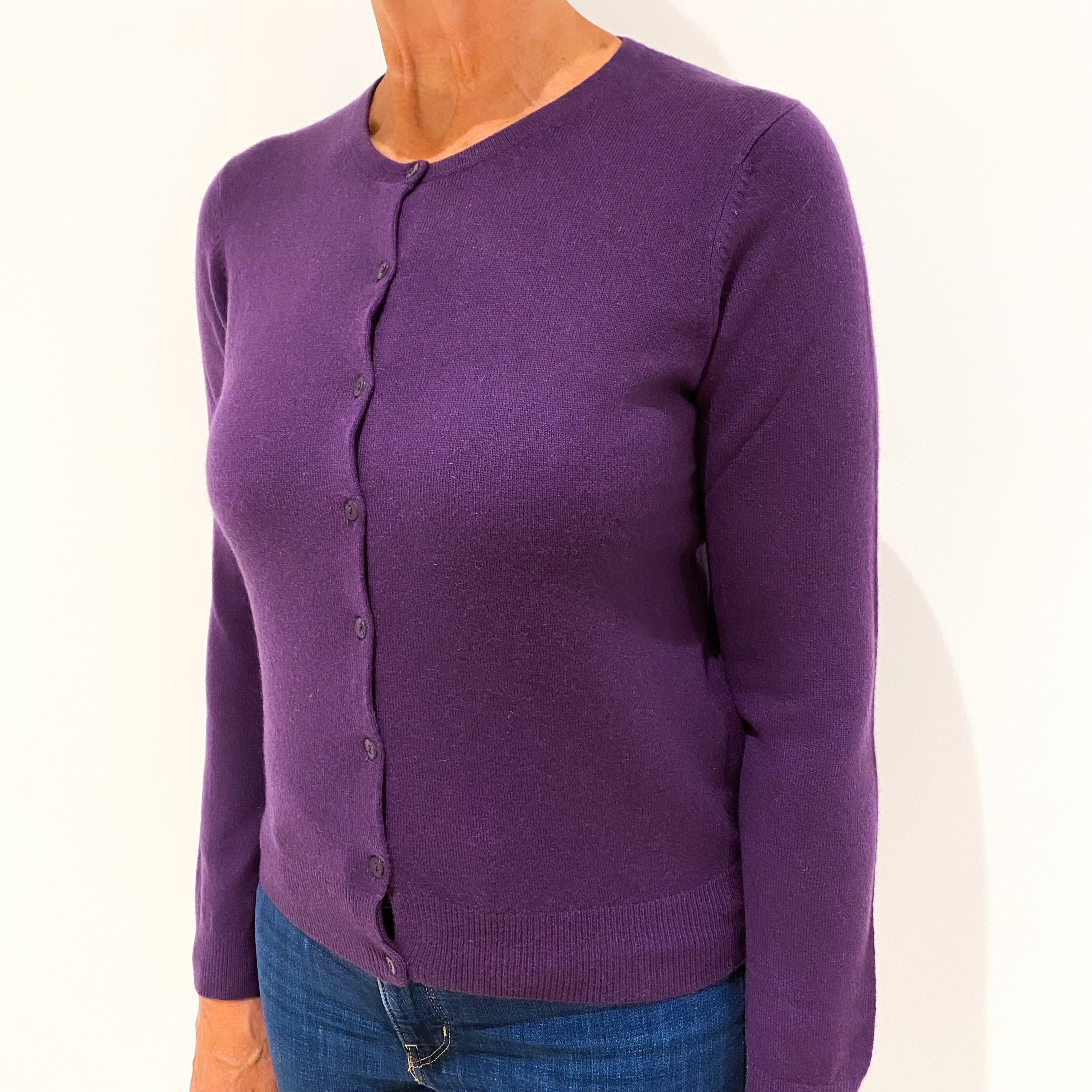 Plum Purple Cashmere Crew Neck Cardigan Medium