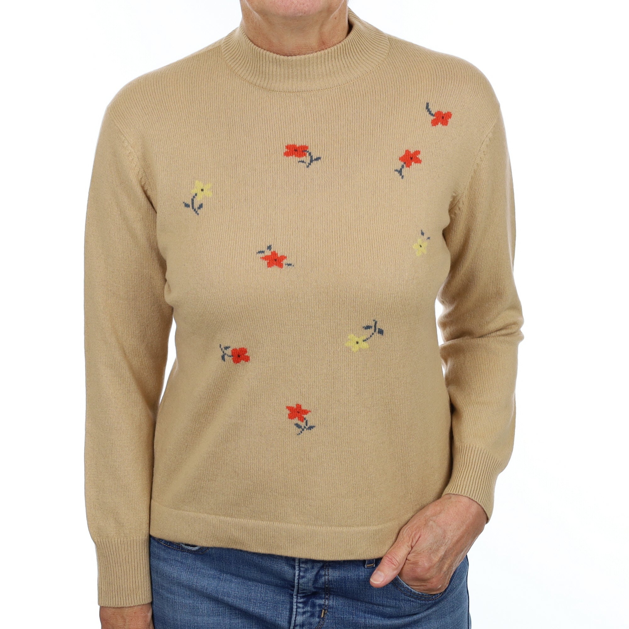 Camel Floral Cashmere Polo Neck Jumper Medium