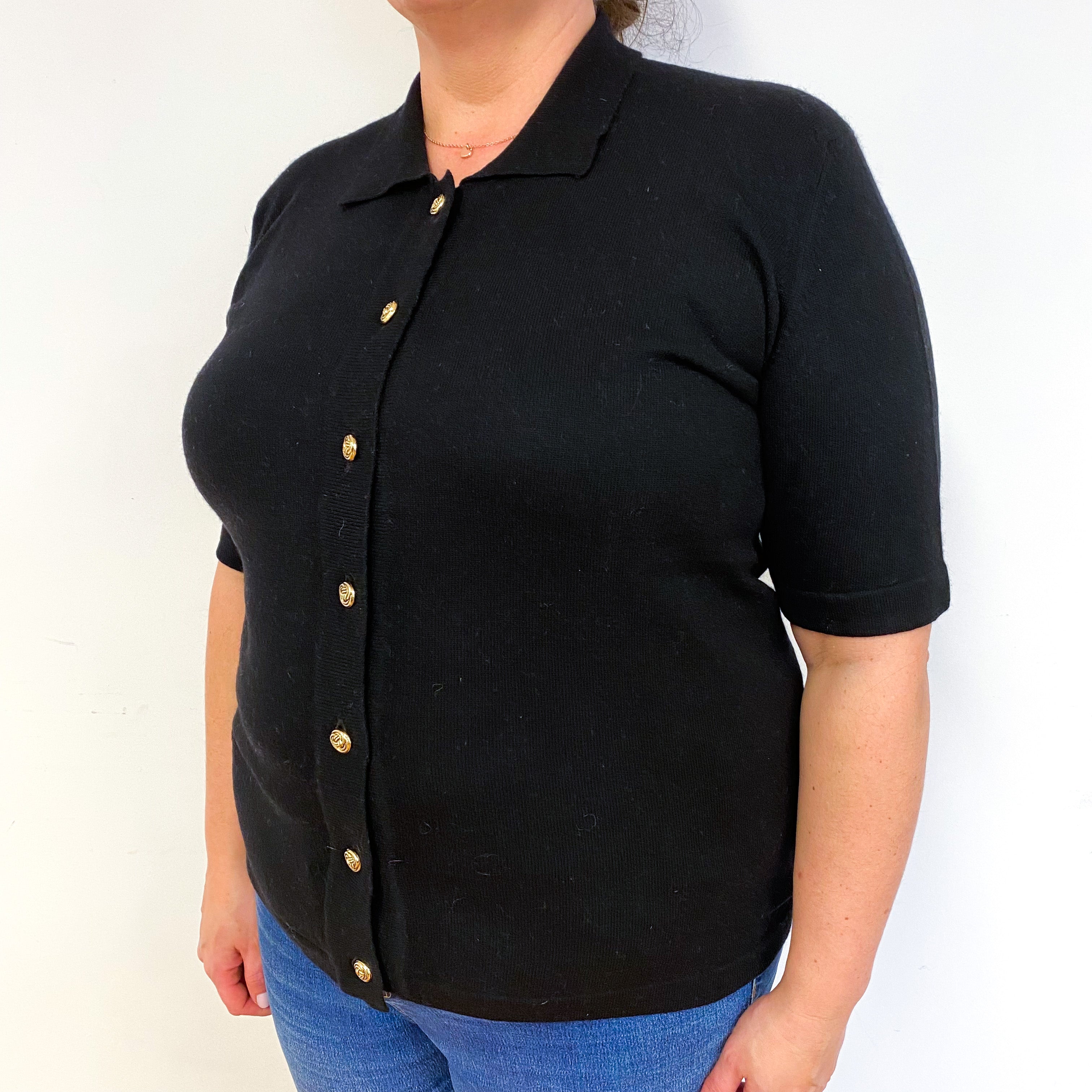 Black Short Sleeve Cashmere Collared Cardigan Extra Large