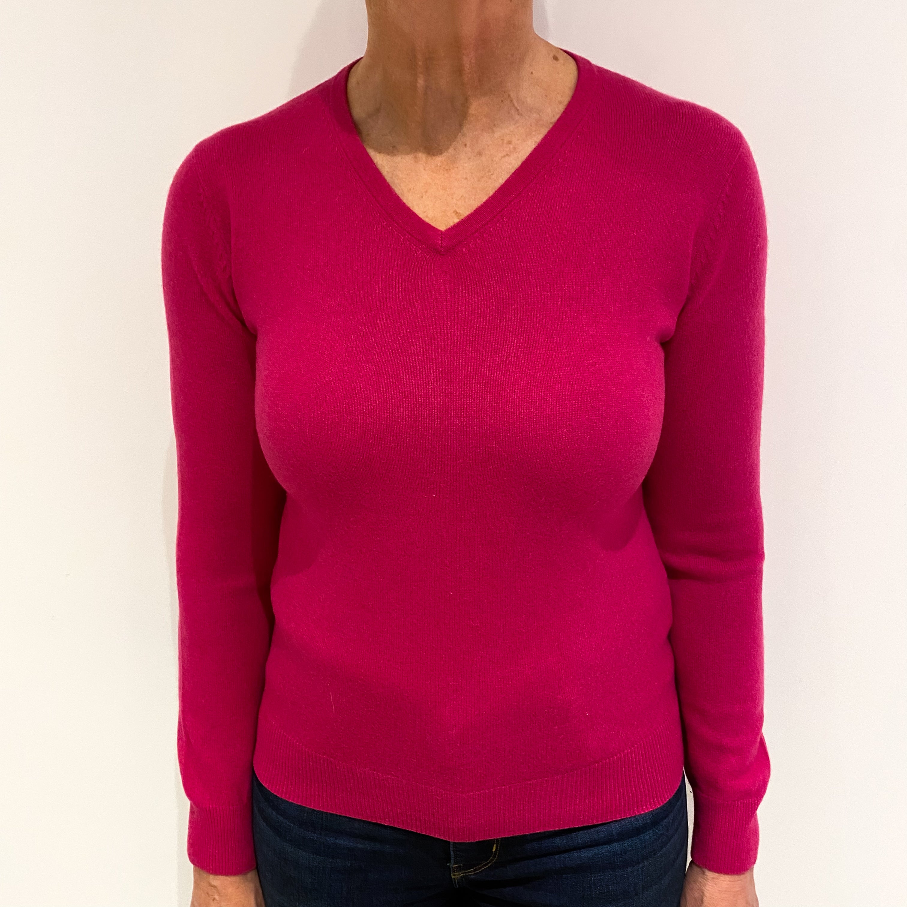 Fuchsia Pink Cashmere V Neck Jumper Medium