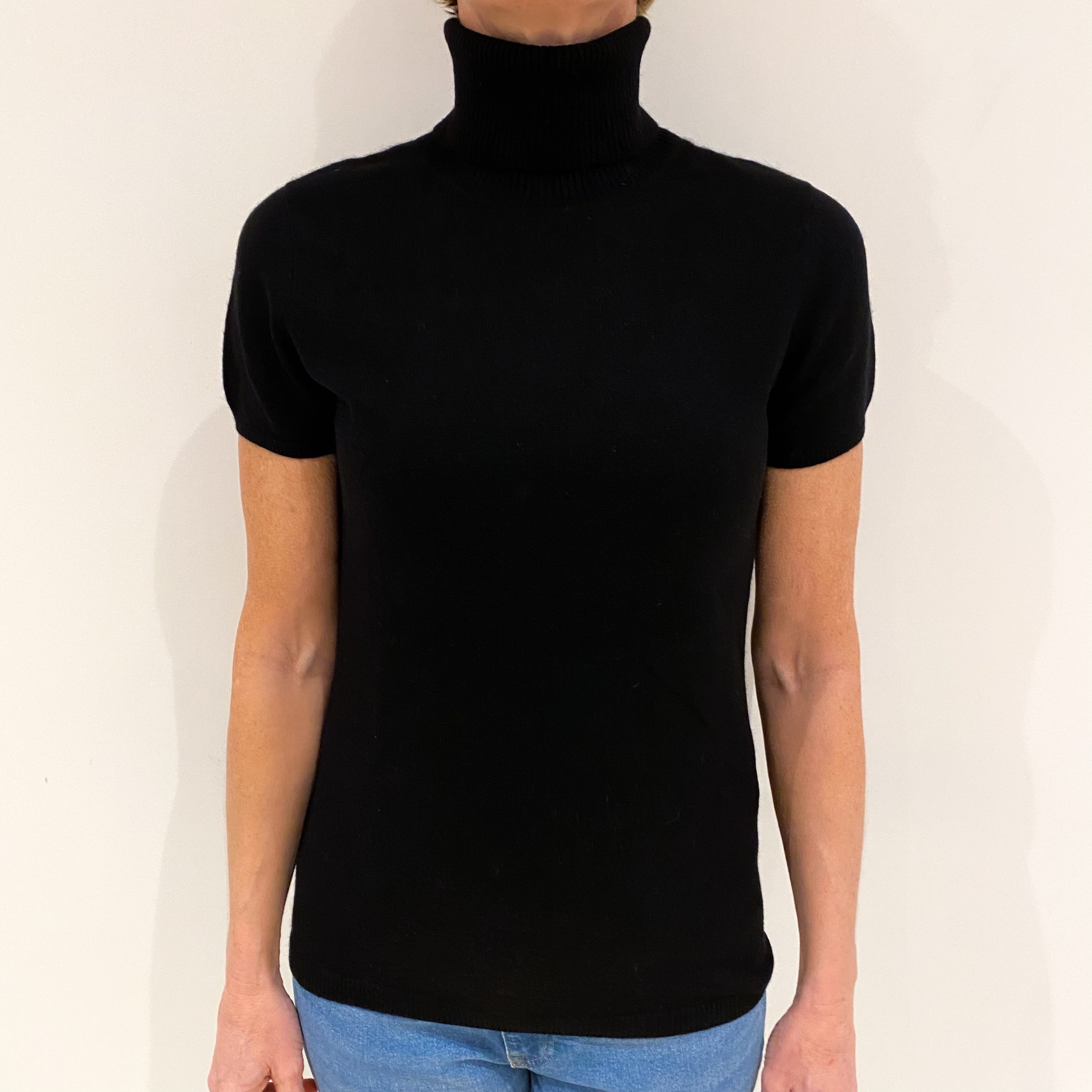 Black Cashmere Short Sleeved Polo Neck Jumper Small