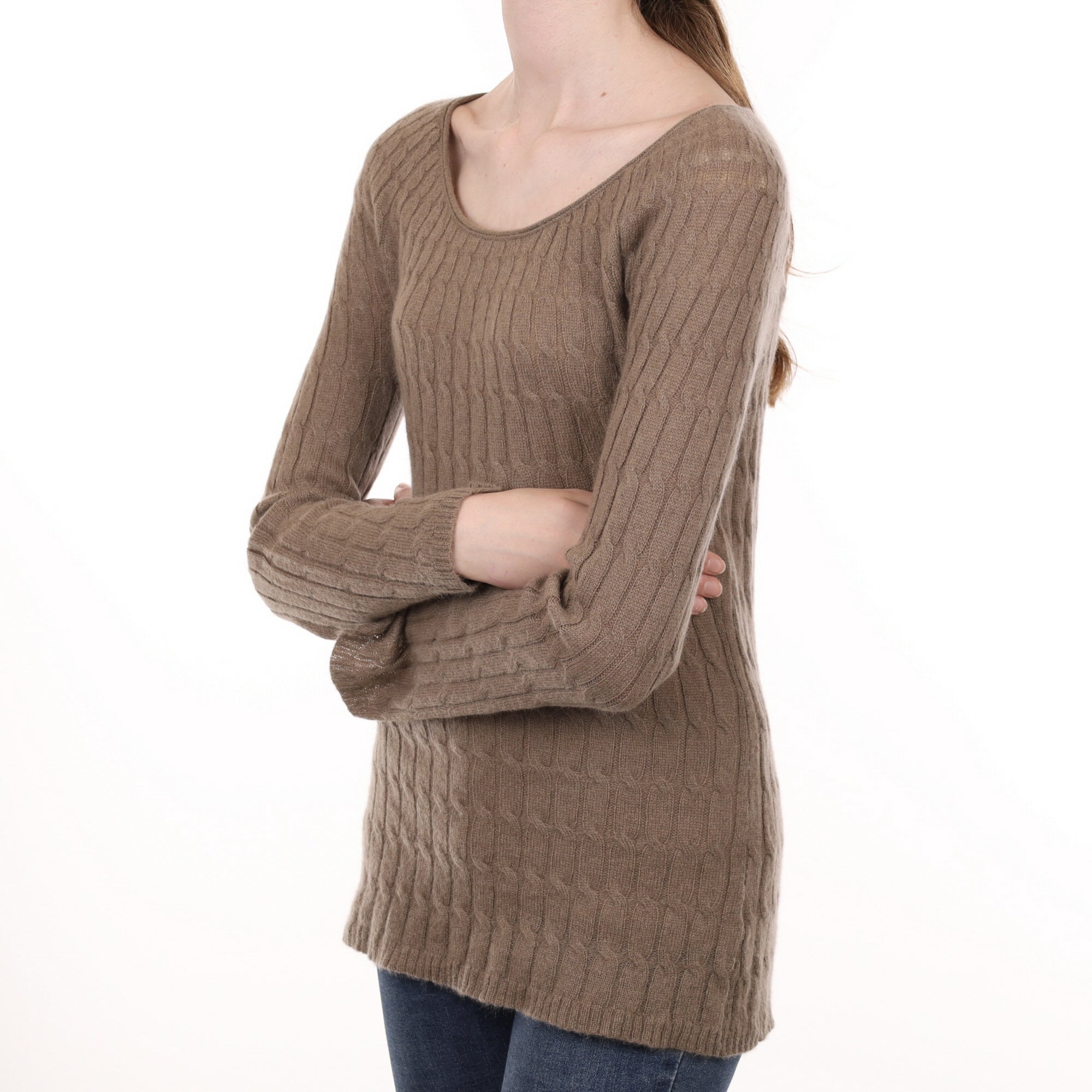 Taupe Brown Cashmere Crew Neck Cable Knit Jumper Extra Small