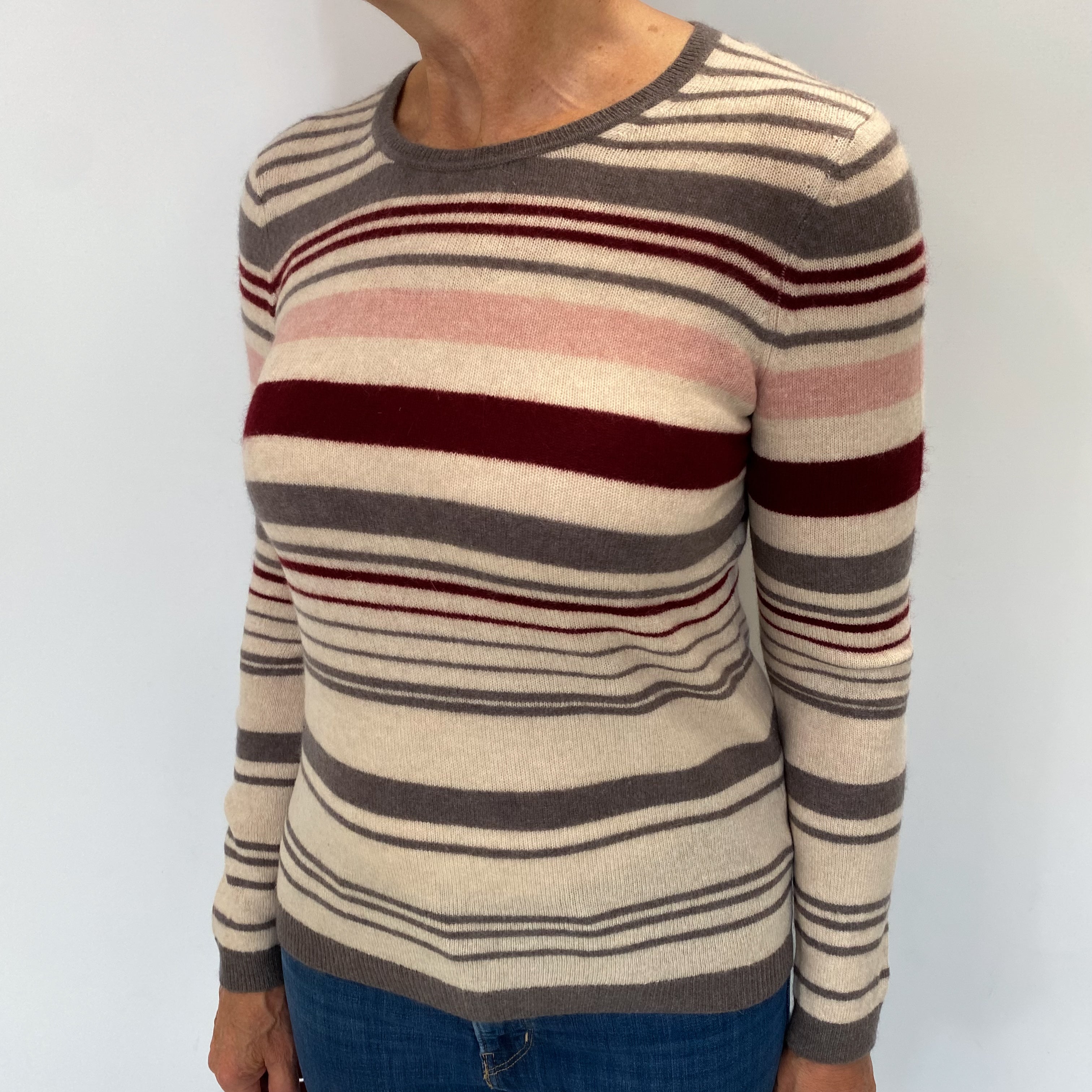 Mocha and Mulberry Striped Cashmere Crew Neck Jumper Medium