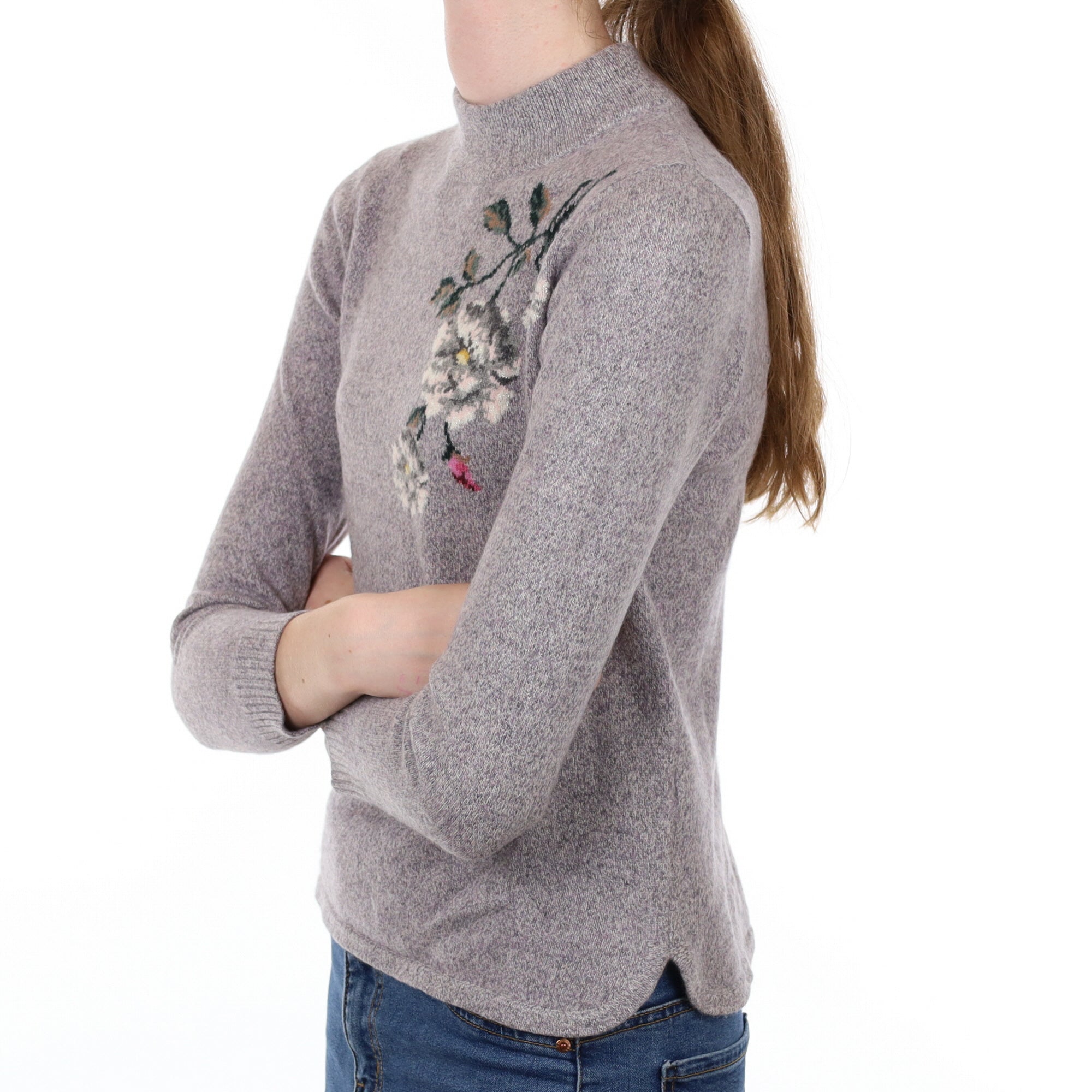 Oyster Marl Floral Cashmere Turtle Neck Jumper Extra Small