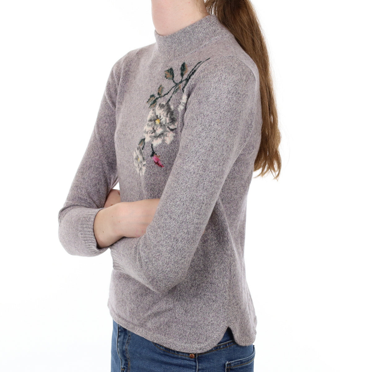 Oyster Marl Floral Cashmere Turtle Neck Jumper Extra Small