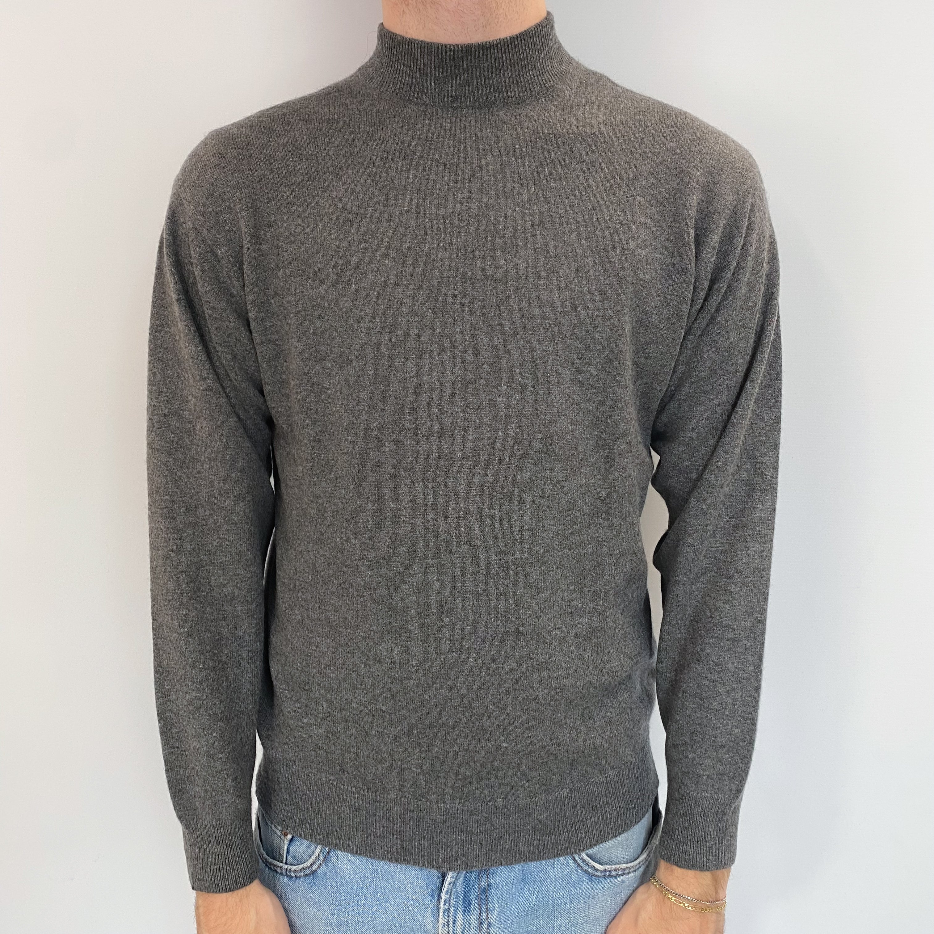 Men's Slate Grey Cashmere Turtle Neck Jumper Medium