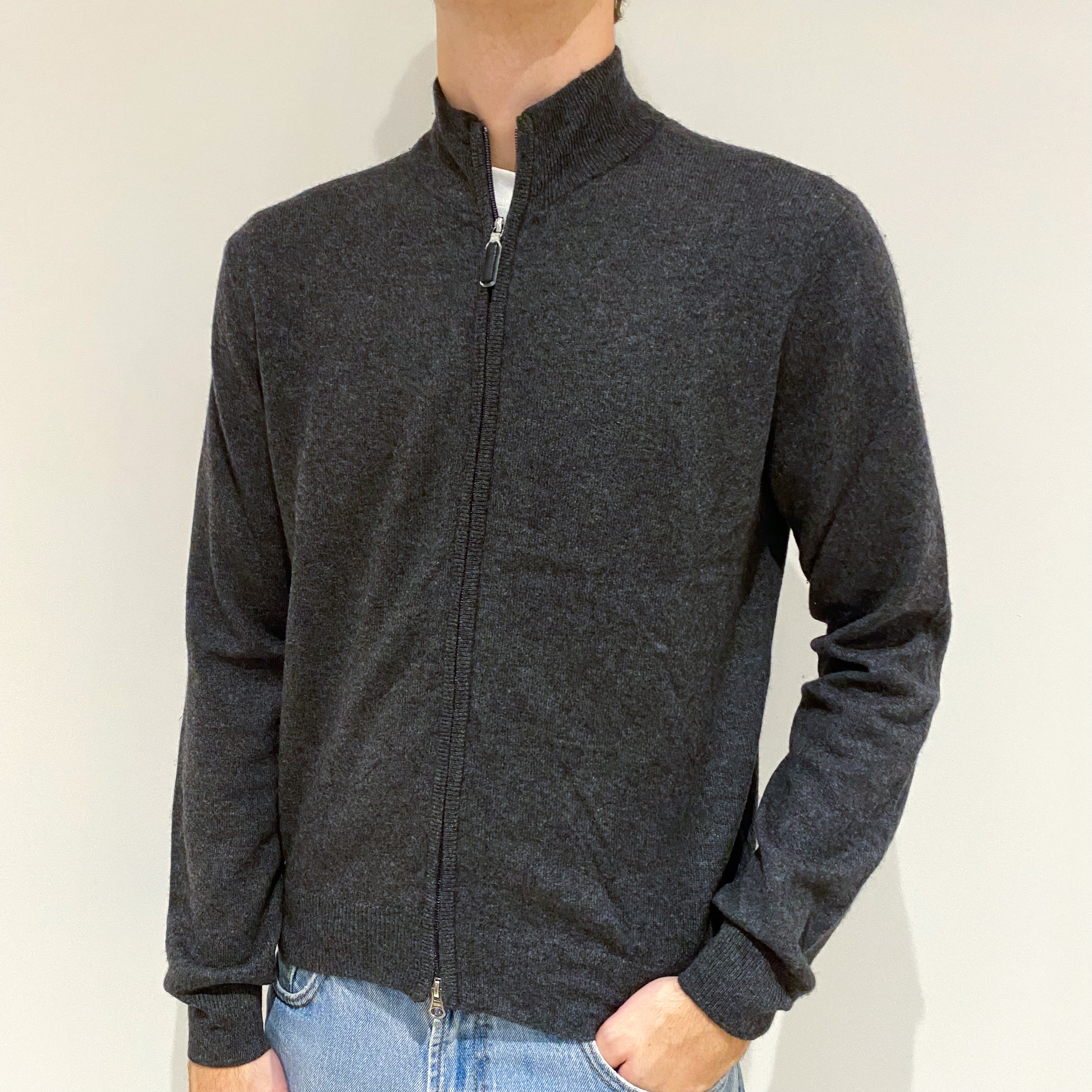 Men's Slate Grey Cashmere Zip Up Turtle Neck Cardigan Large