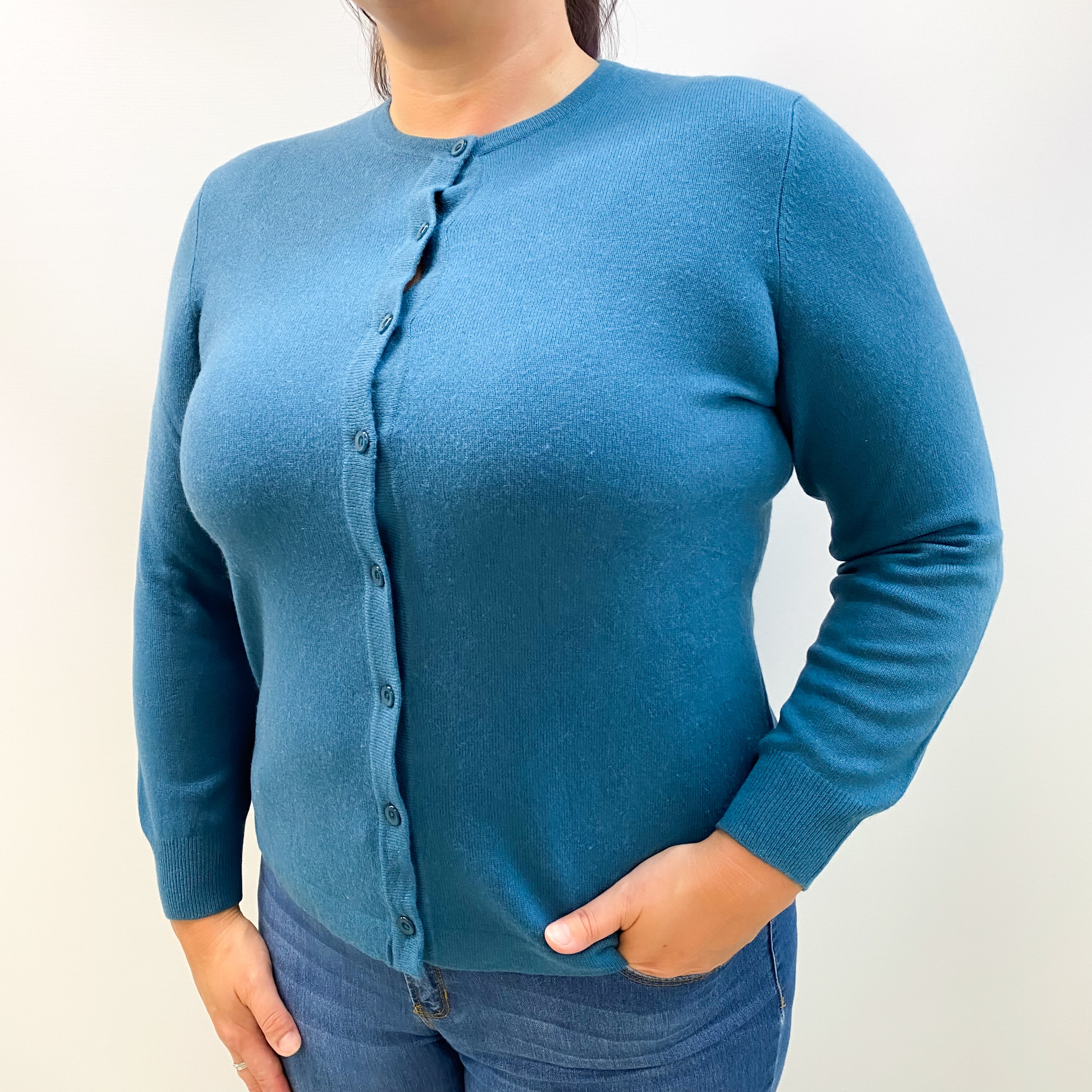 Mediterranean Blue Cashmere Crew Neck Cardigan Large