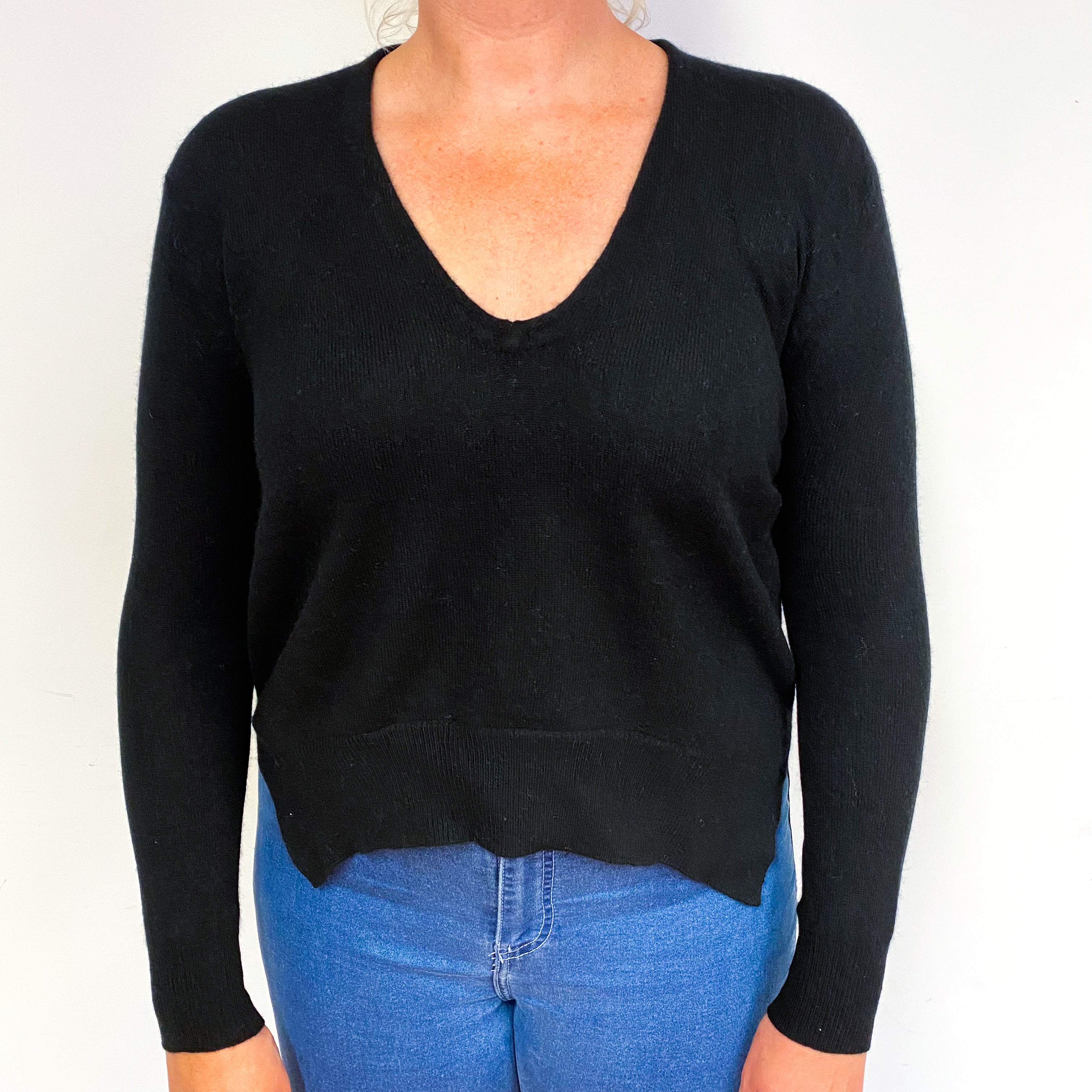 Black Side Split Cashmere Low V-Neck Jumper Large