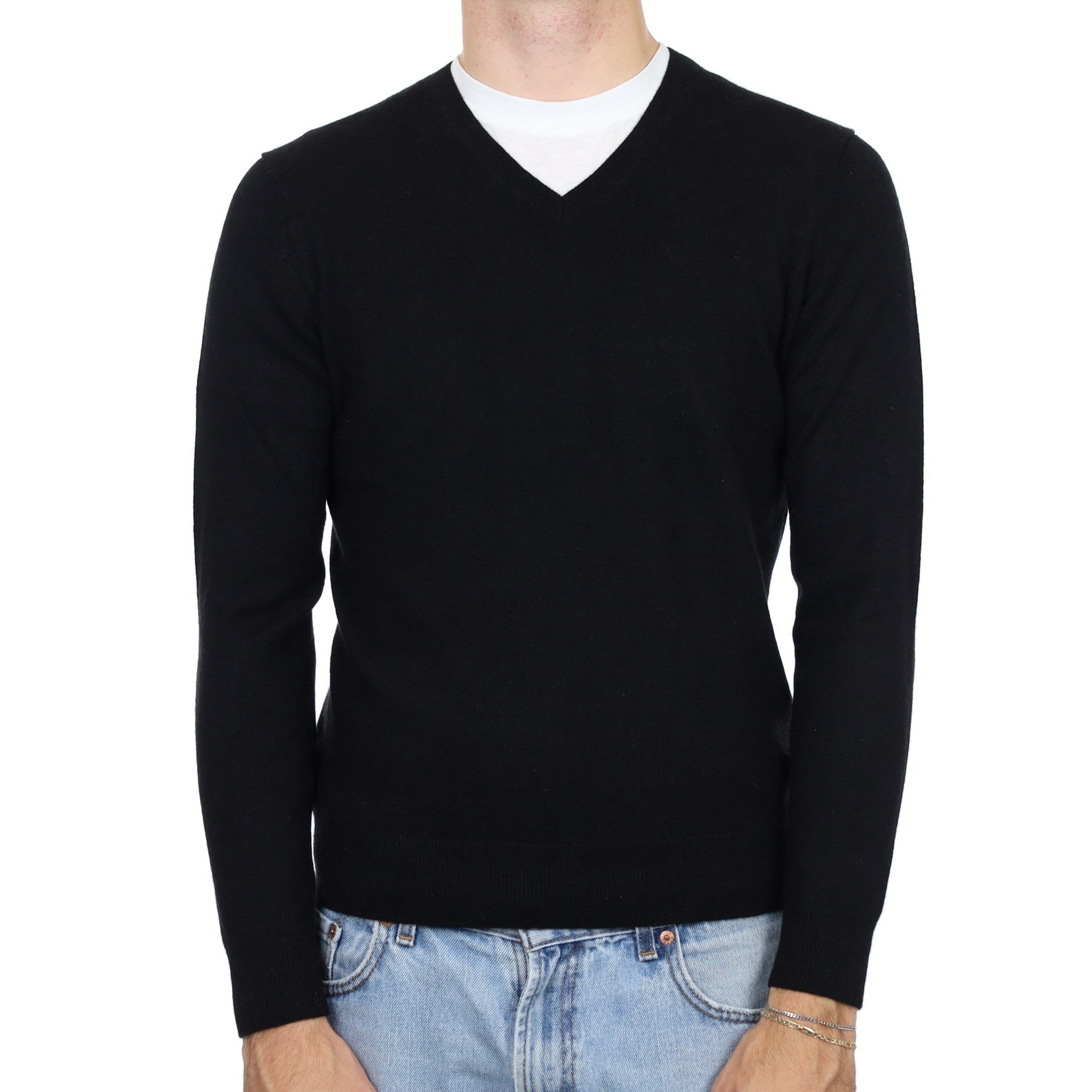 Men's Black Cashmere V Neck Jumper Medium