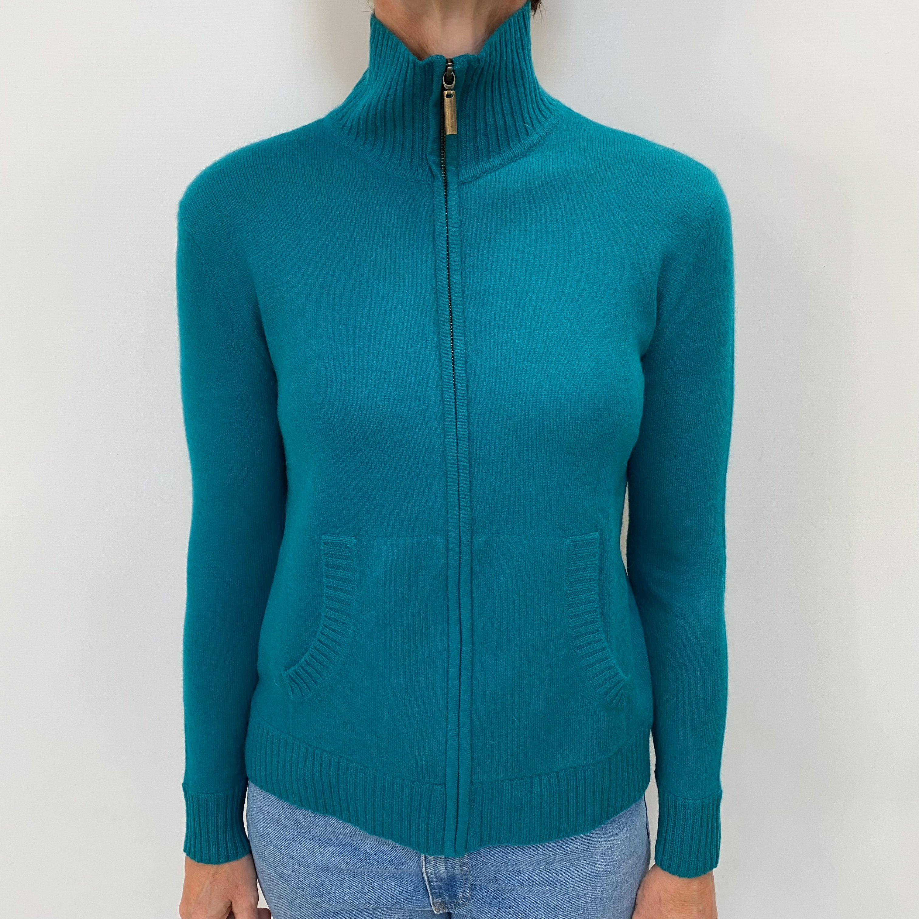 Neiman Marcus Teal Green Cashmere Zip Up Cardigan Small