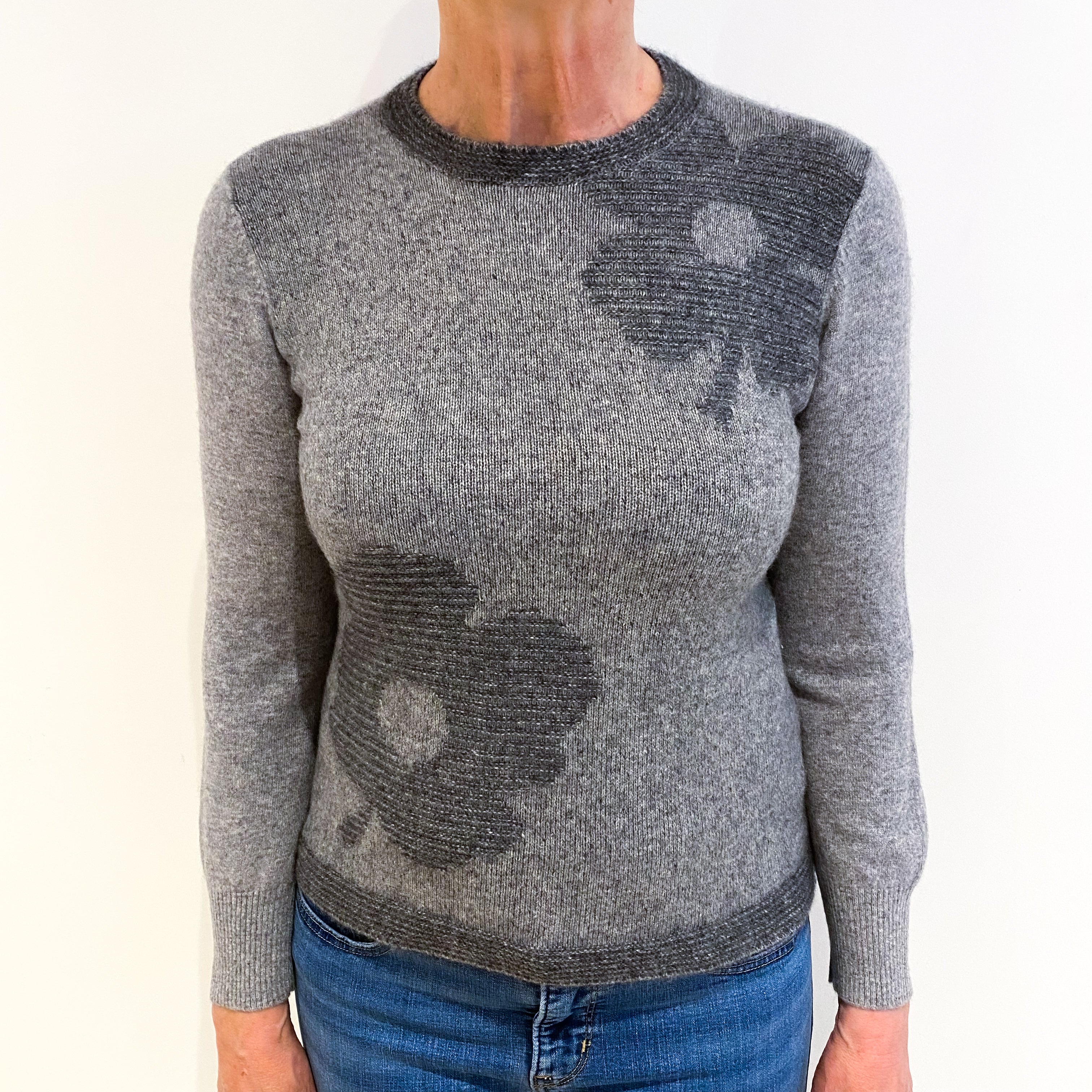 Ash Grey With Flower Print Cashmere Crew Neck Jumper Medium