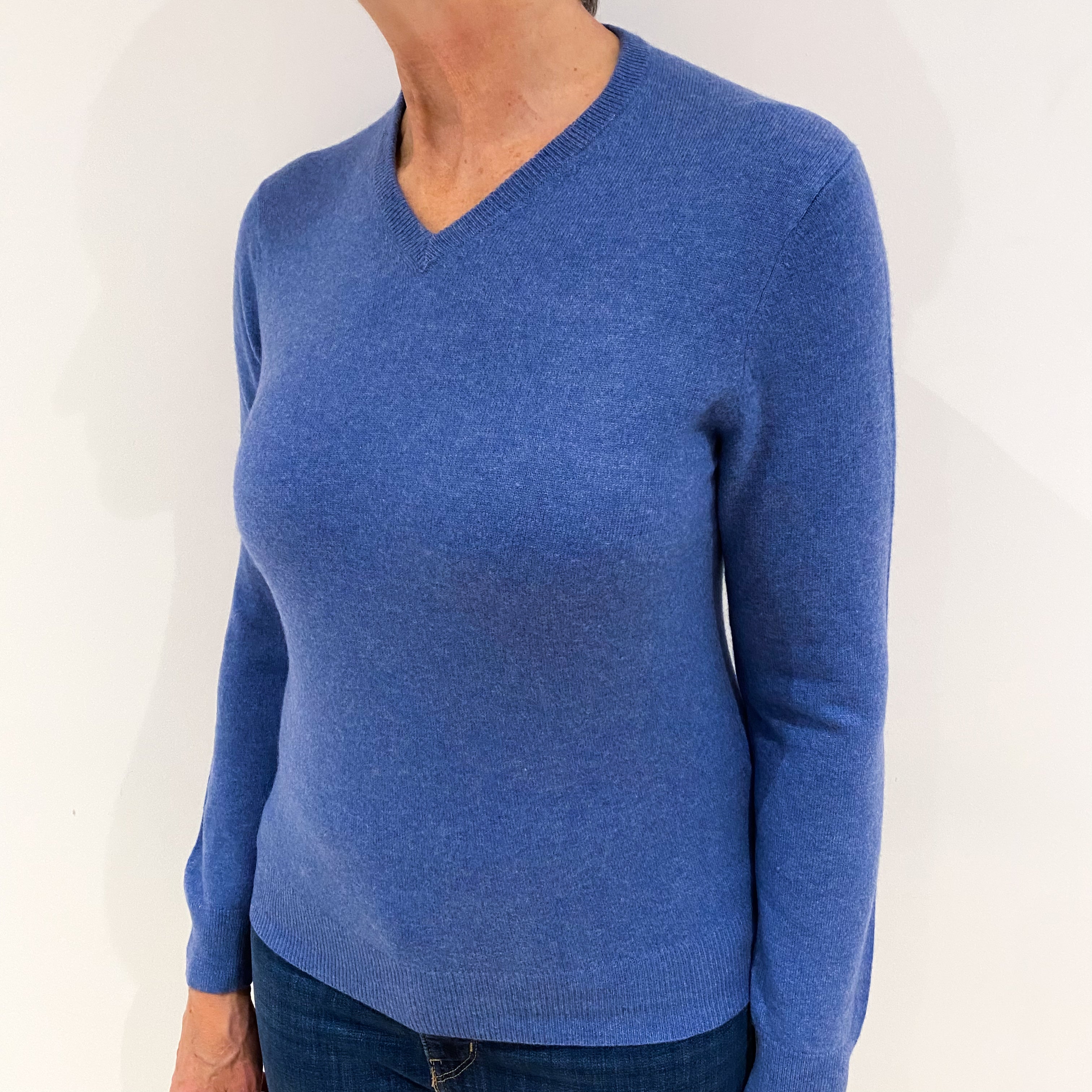 Denim Blue Cashmere V Neck Jumper Medium