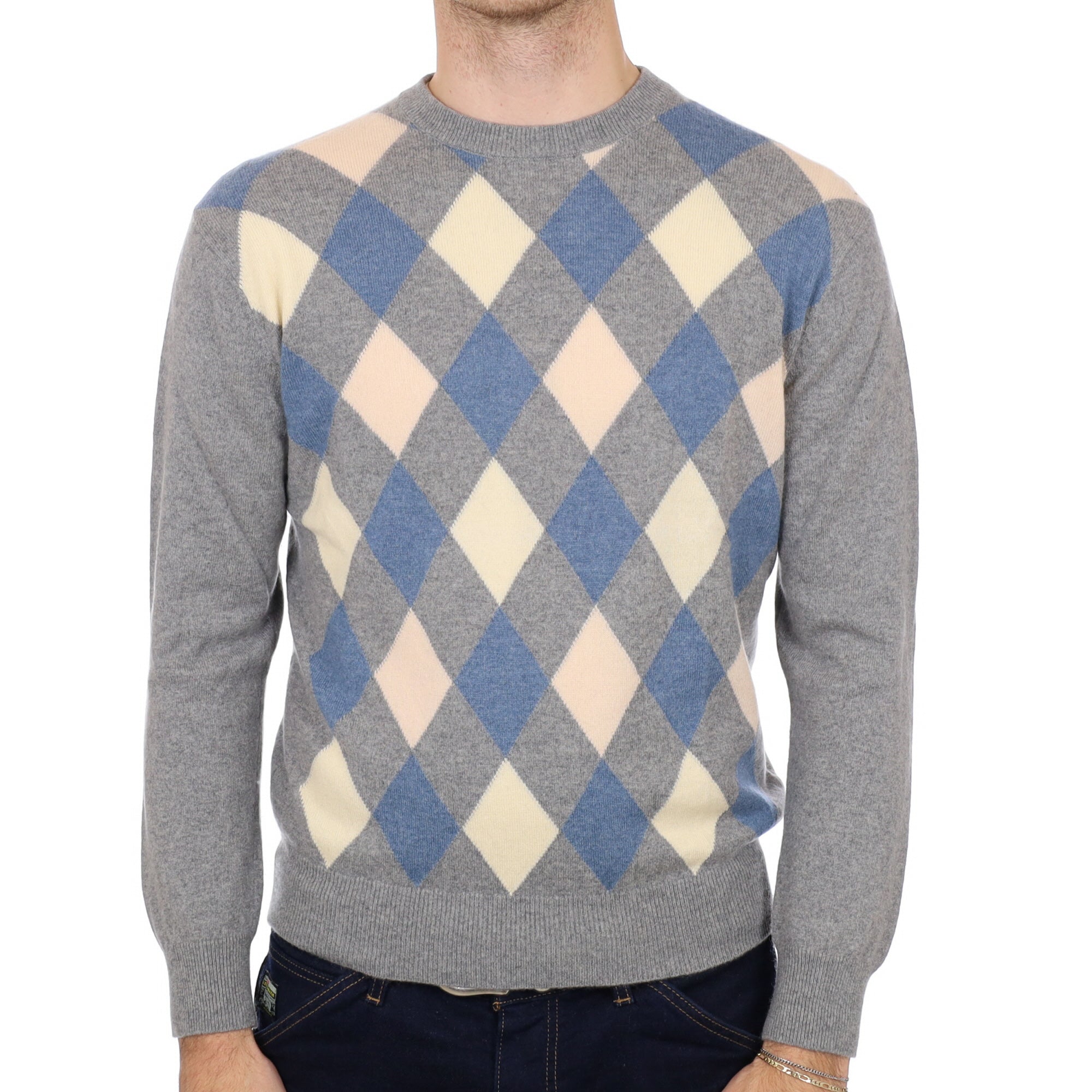 Men's Smoke Grey Cashmere Patterned Crew Neck Jumper Medium