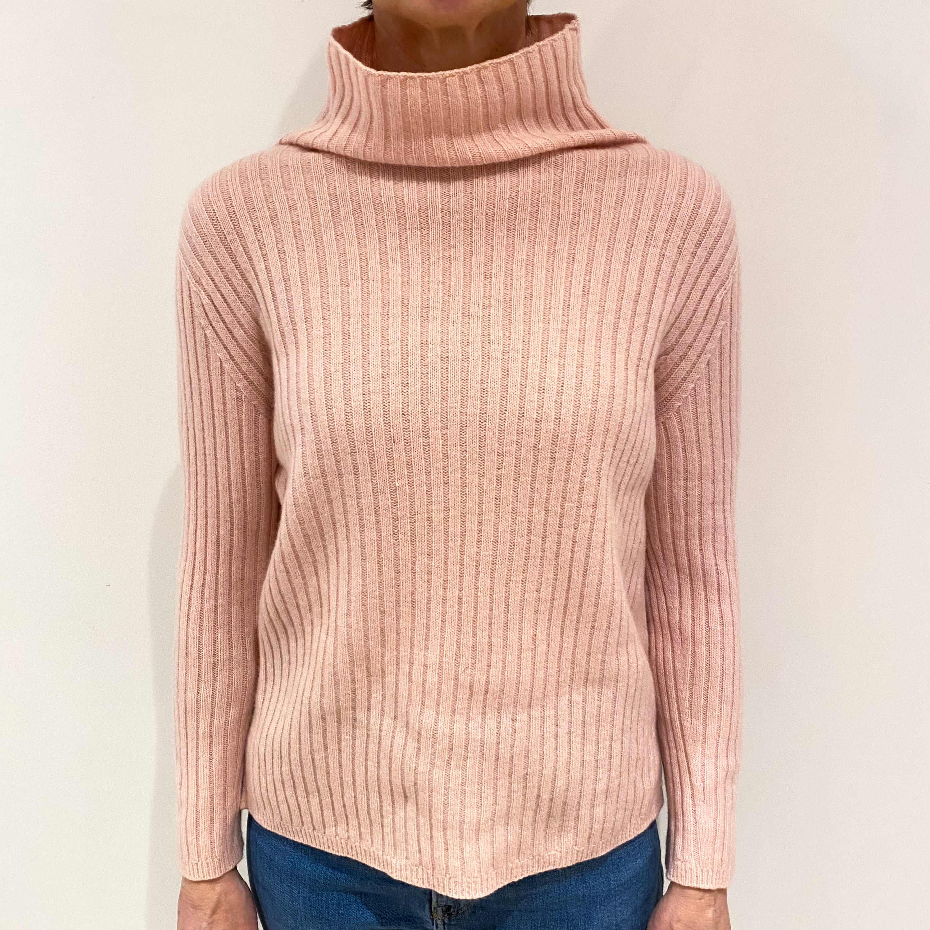 Shell Pink Ribbed Cashmere Funnel Neck Jumper Small