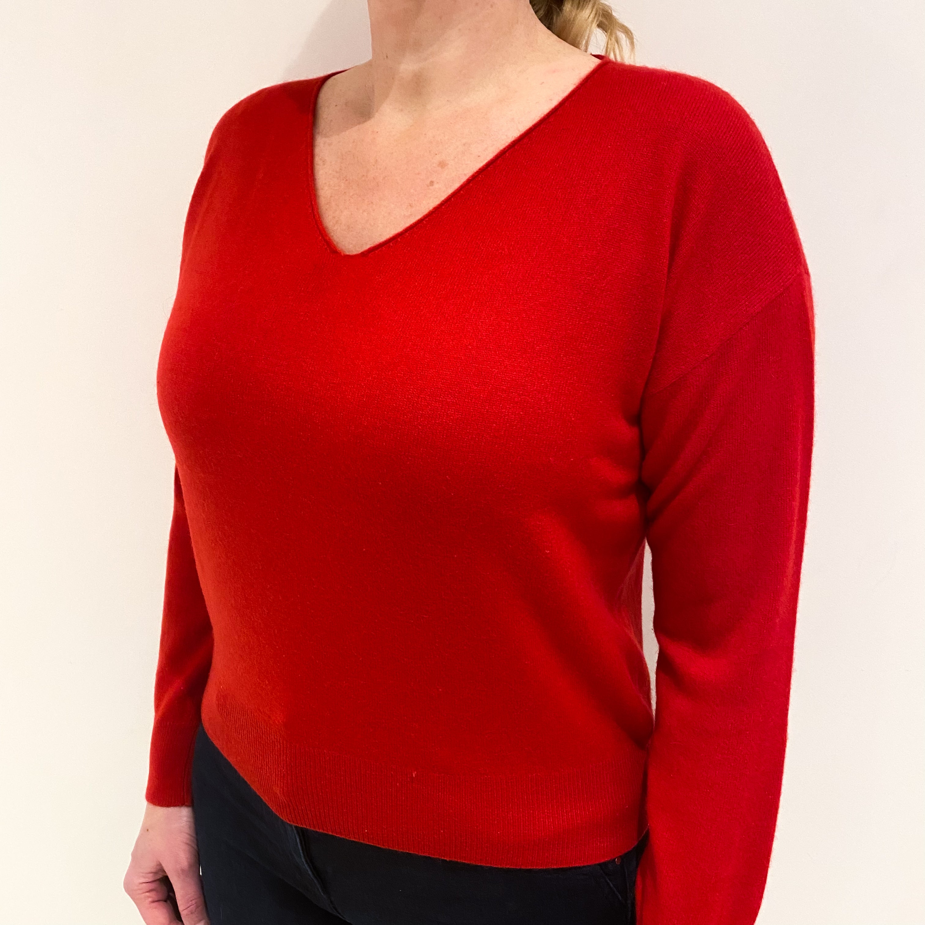 Postbox Red Cashmere V Neck Jumper Large