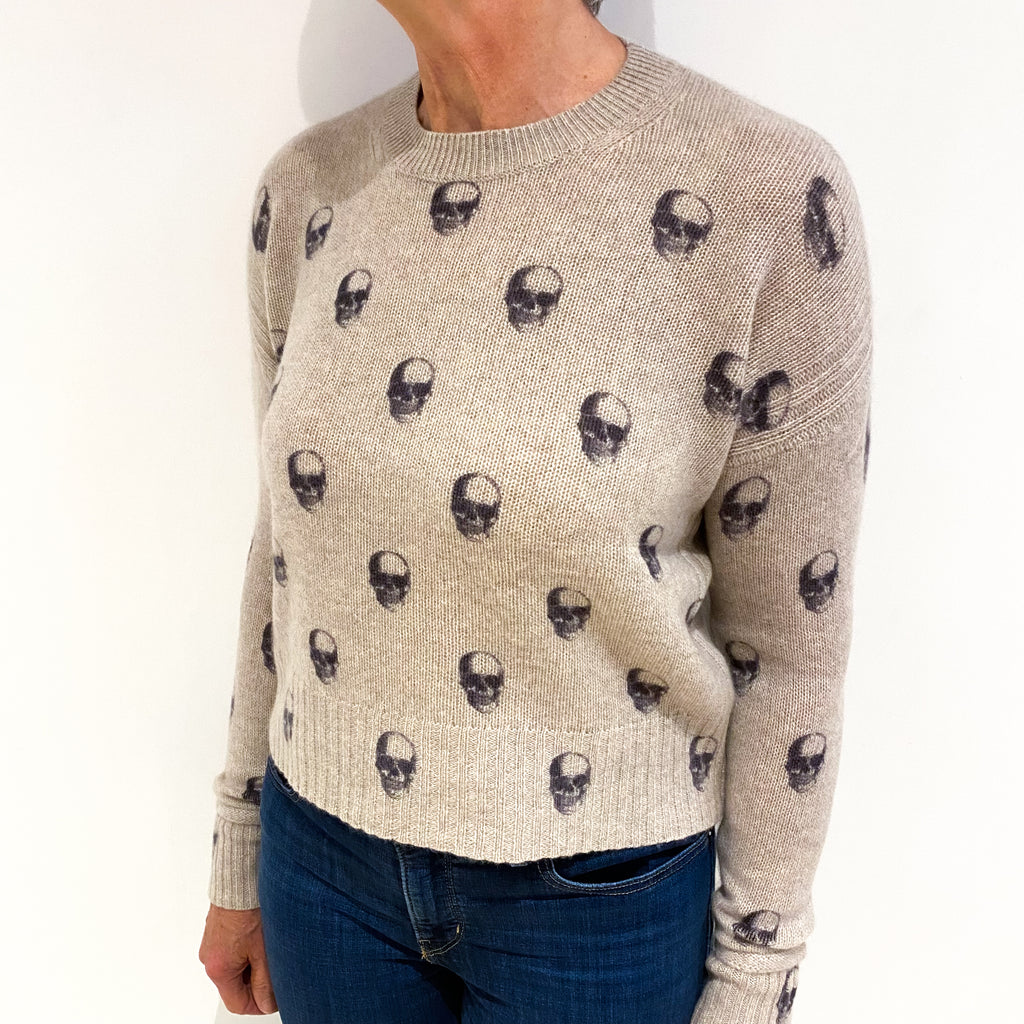 Fawn Skull Patterned Cashmere Crew Neck Jumper Medium