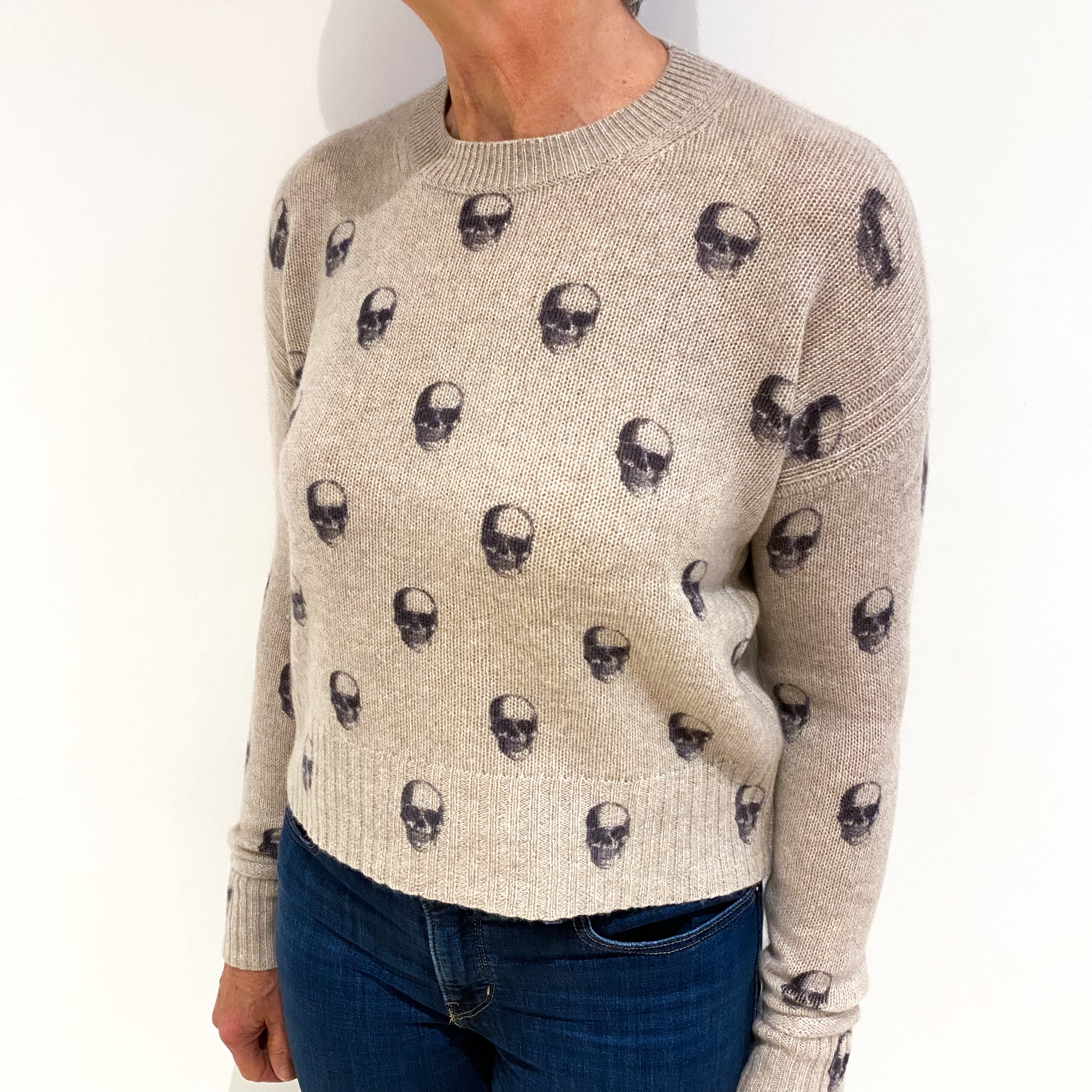 Fawn Skull Patterned Cashmere Crew Neck Jumper Medium