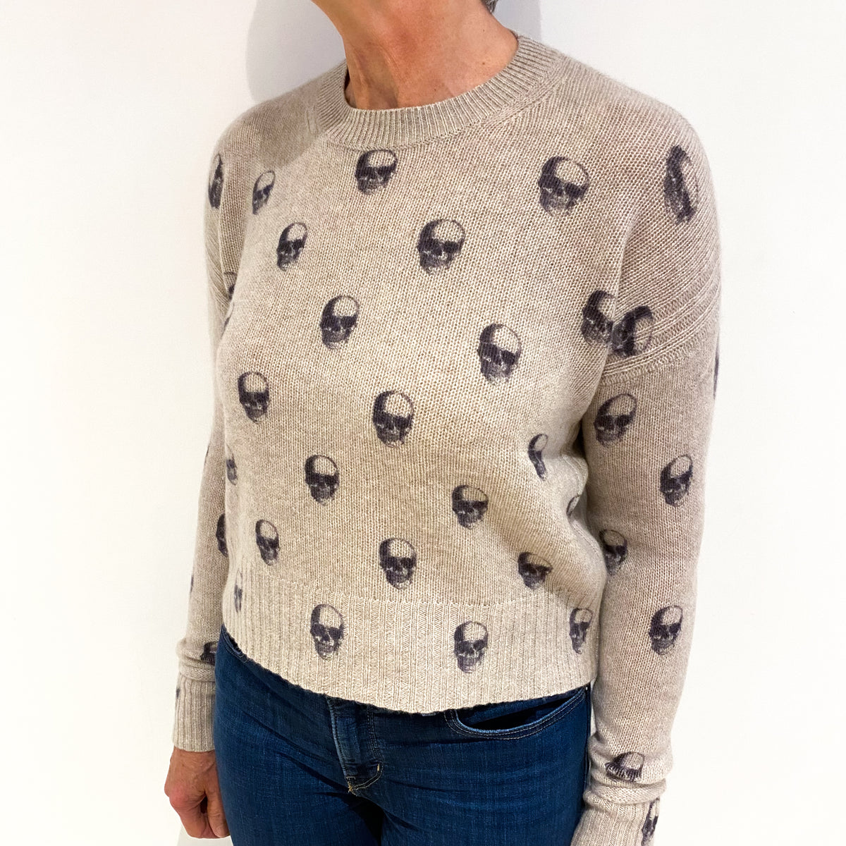 Fawn Skull Patterned Cashmere Crew Neck Jumper Medium