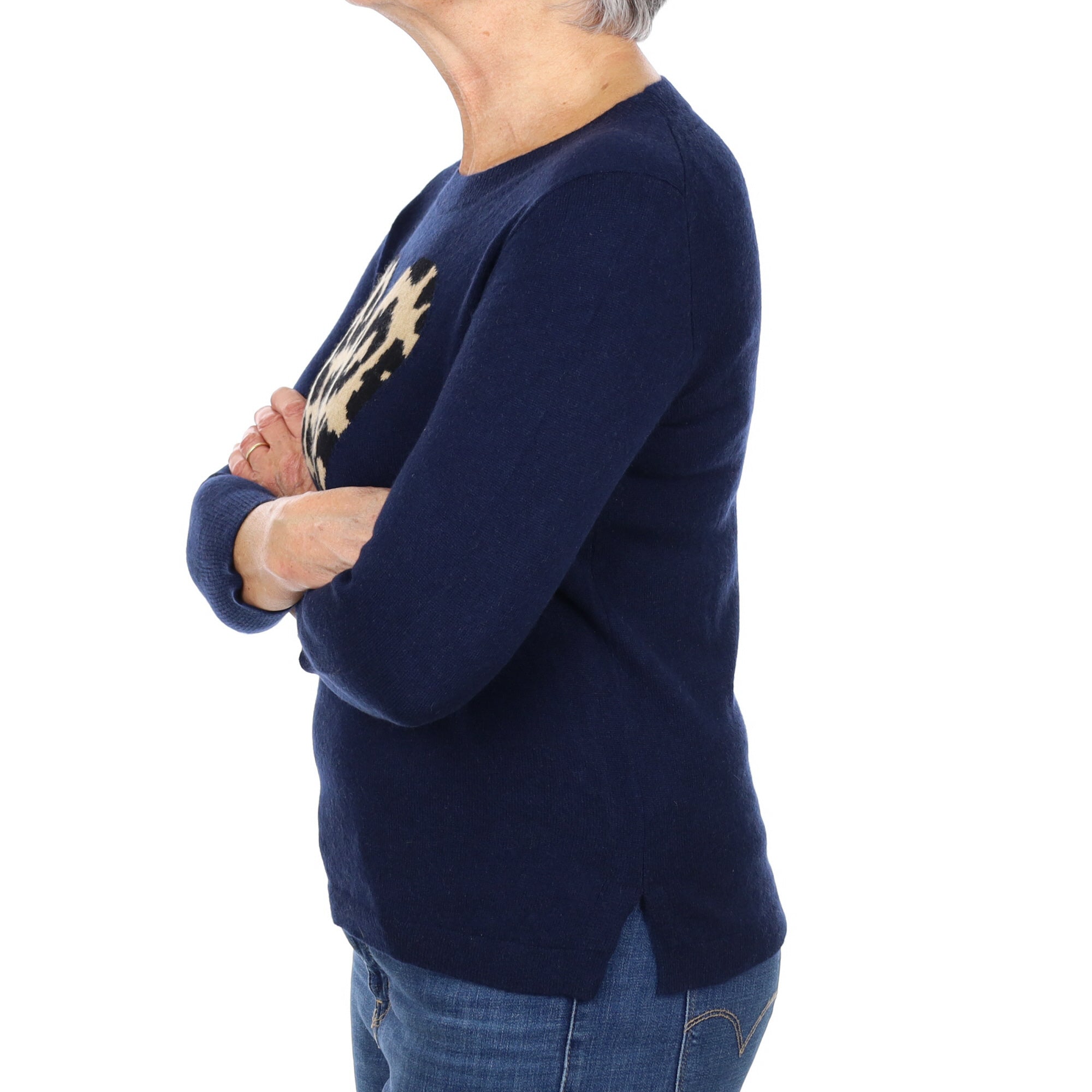 Navy Animal Print Heart Cashmere Crew Neck Jumper Medium