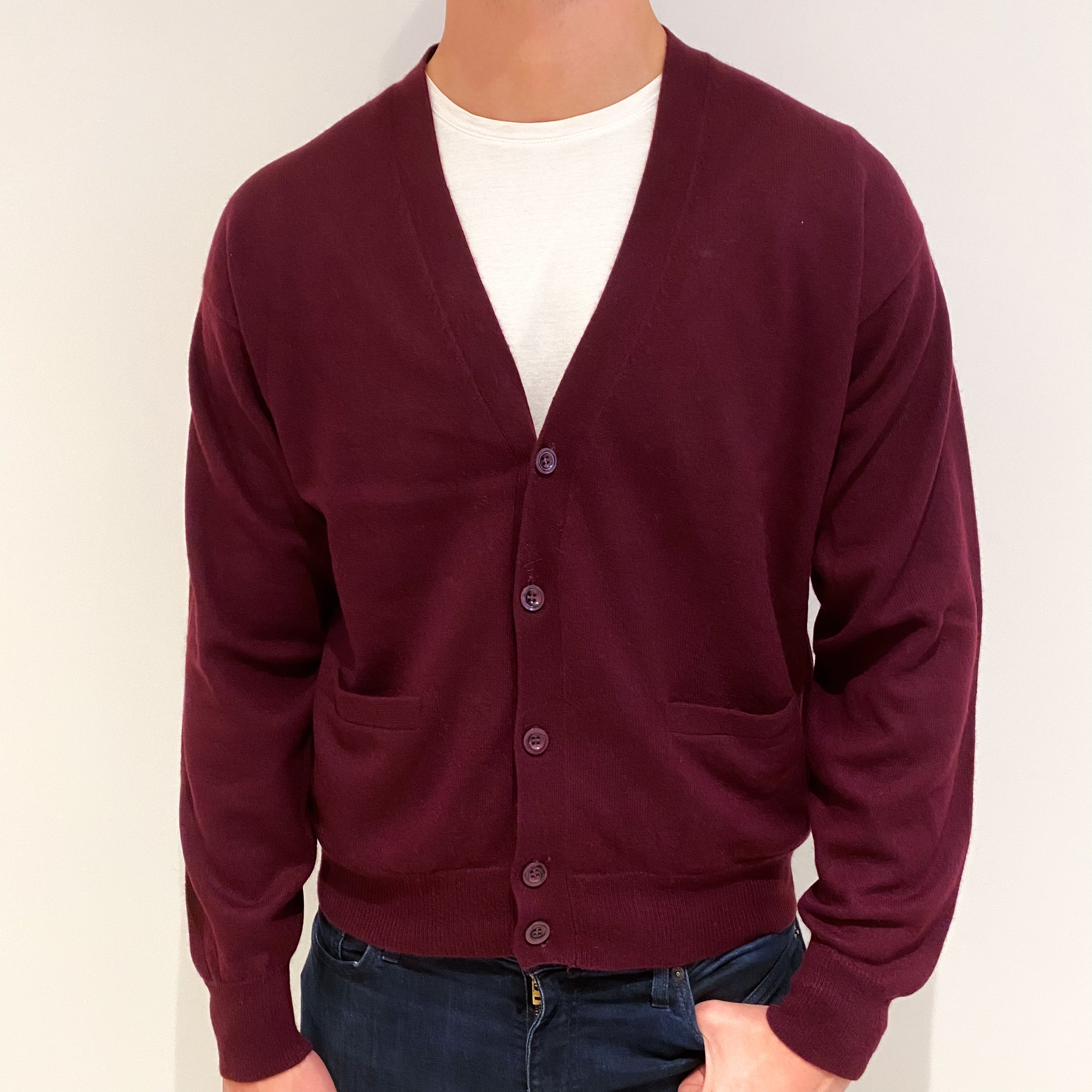 Men's Mulberry Red Cashmere V-Neck Cardigan with Pockets Extra Large
