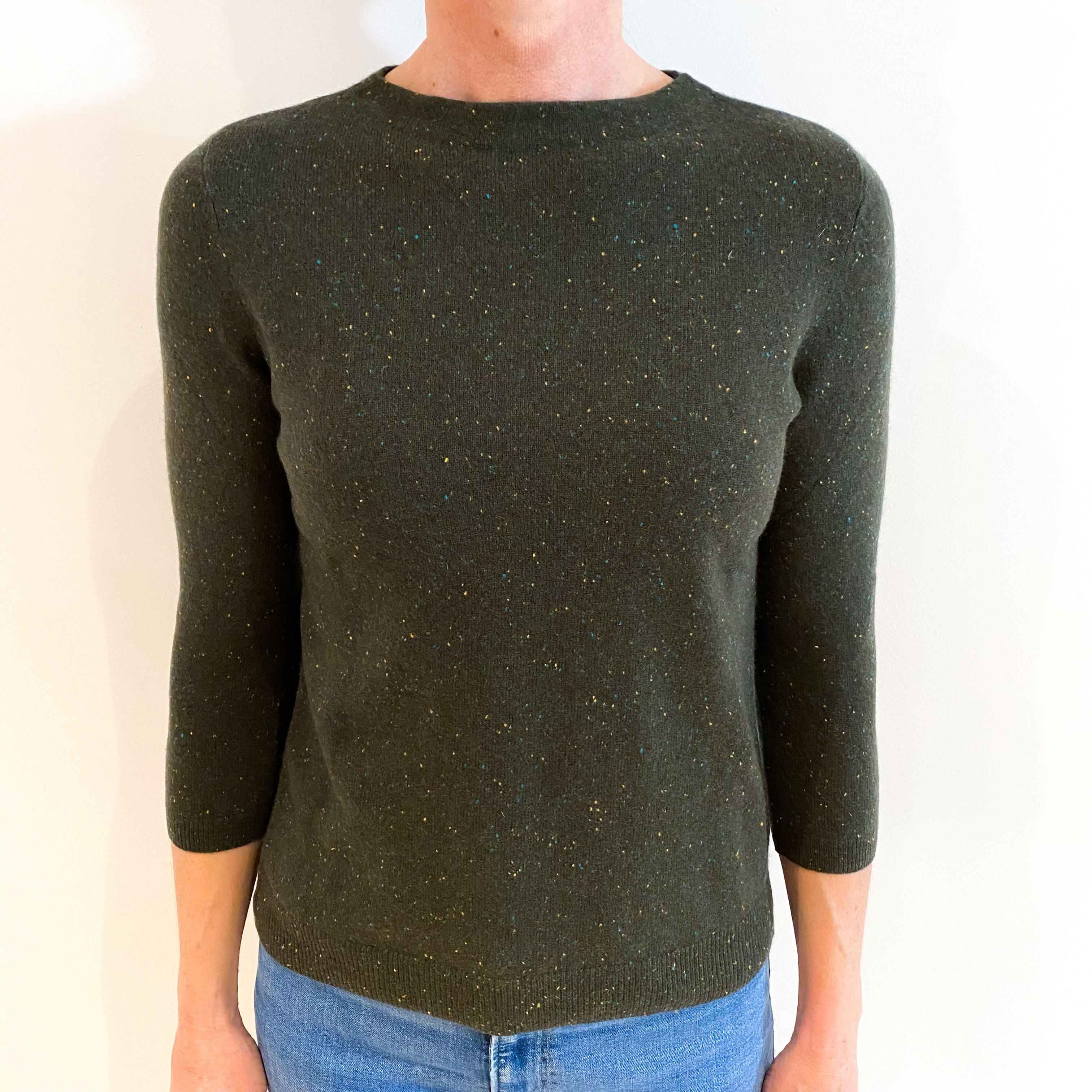 Deep Khaki Flecked Cashmere Crew Neck Jumper Small/Petite