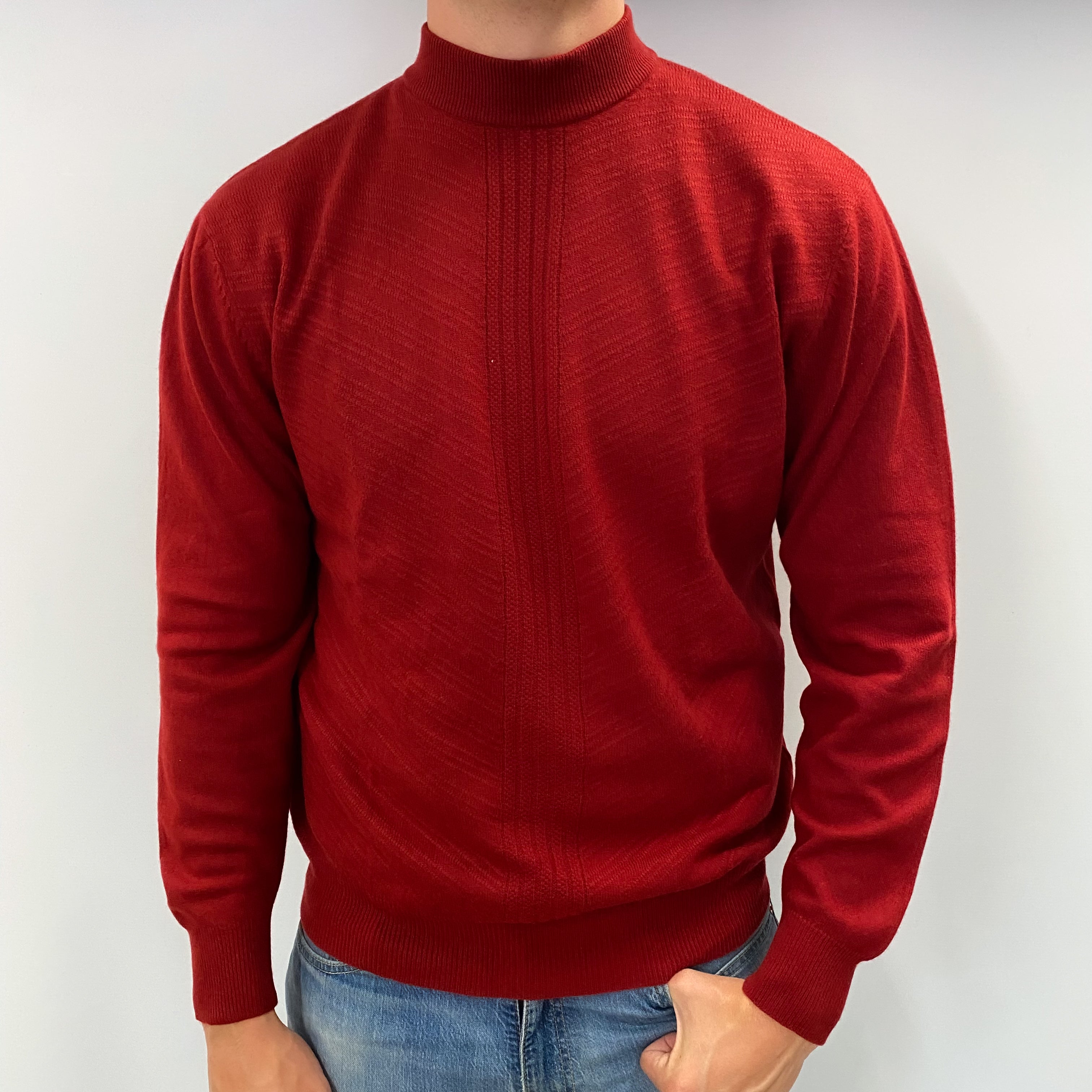 Men's Phoenix Red Cashmere Turtle Neck Textured Jumper XL