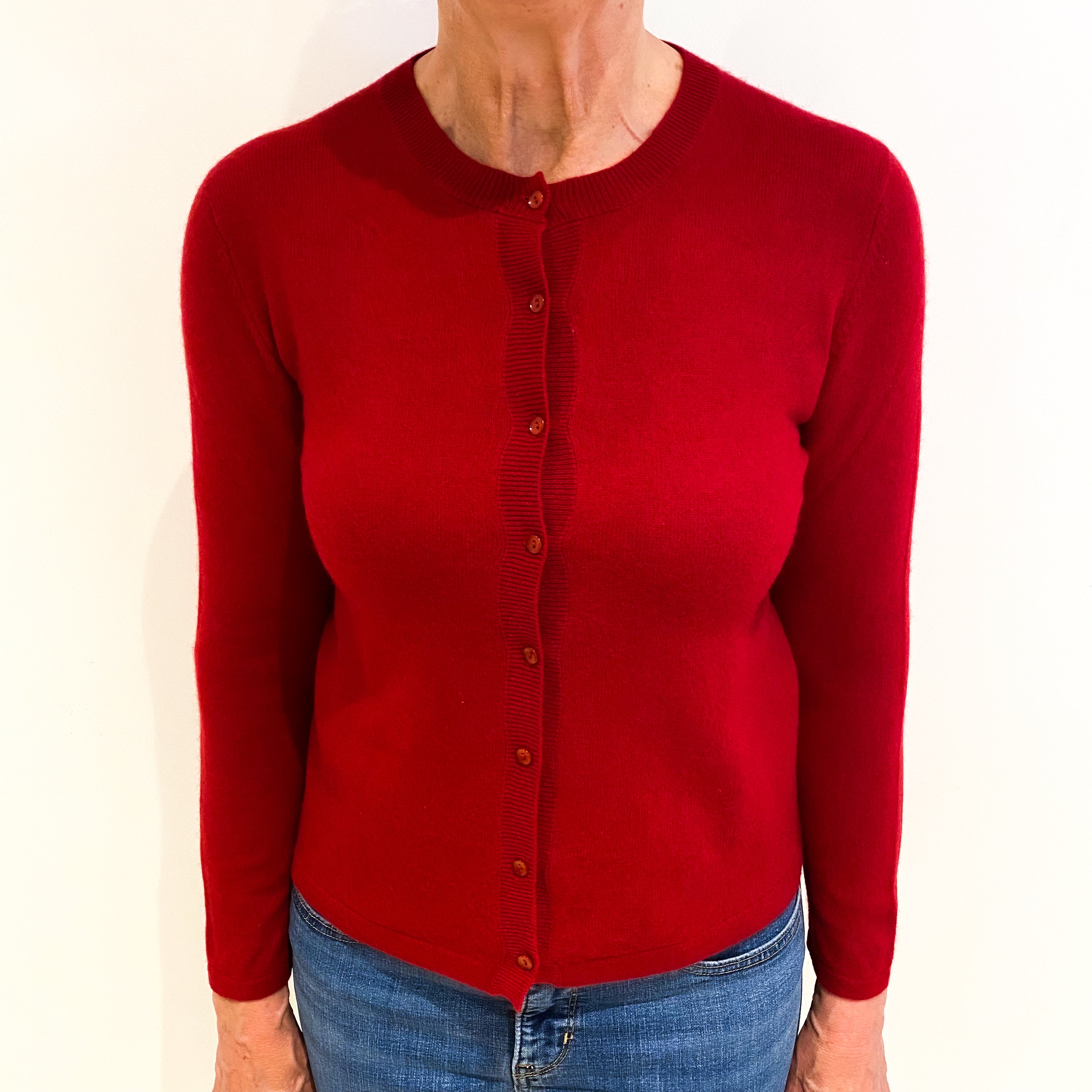 Crimson Red Cashmere Crew Neck Cardigan Medium