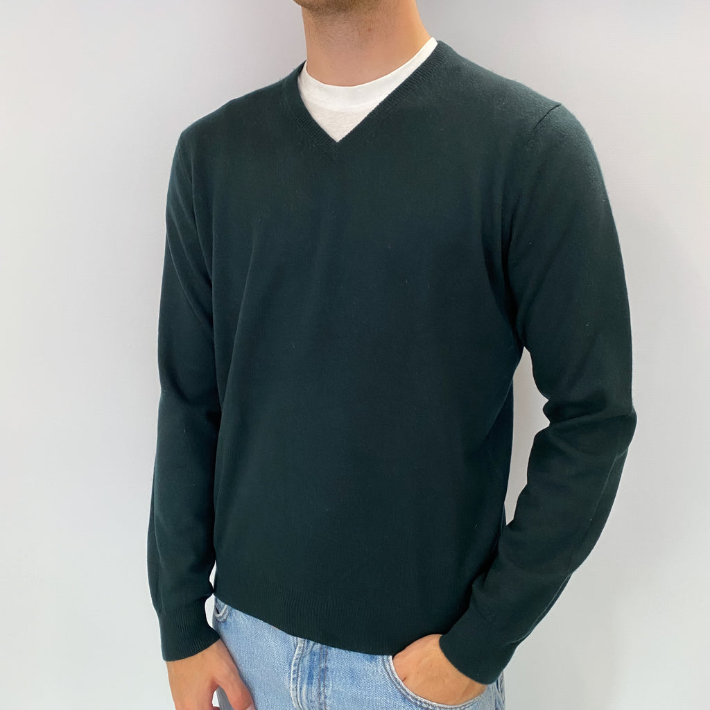 Men's Bottle Green Cashmere V Neck Jumper Medium