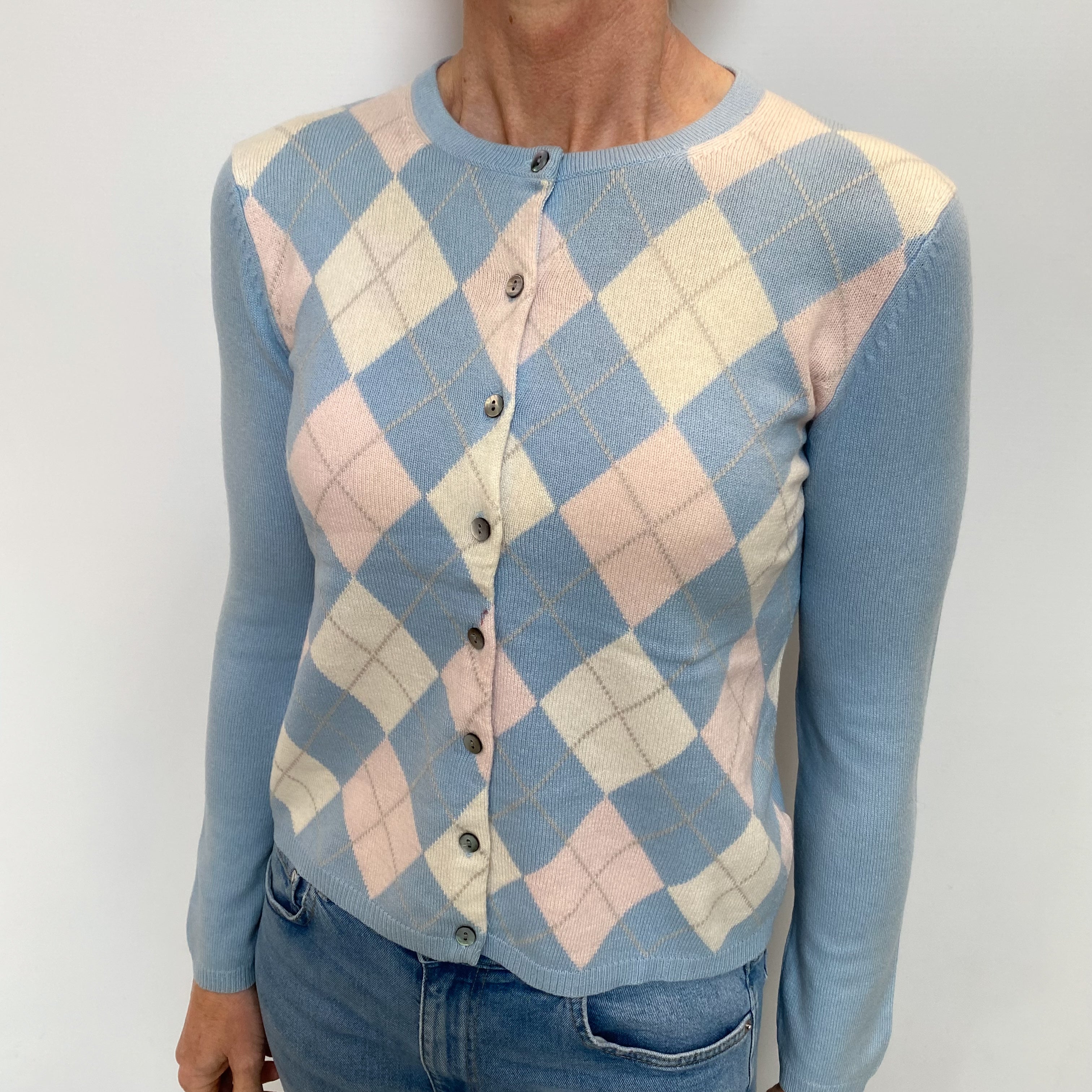 Blue Pink Argyle Cashmere Crew Neck Cardigan Small