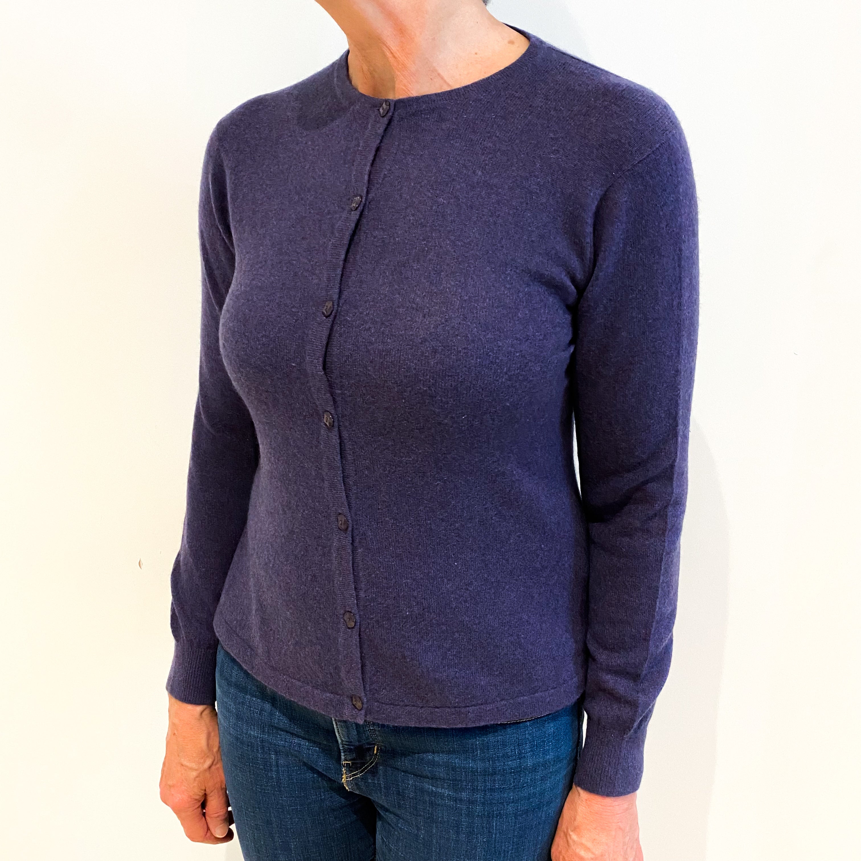 Deep Amethyst Purple Cashmere Crew Neck Cardigan Medium