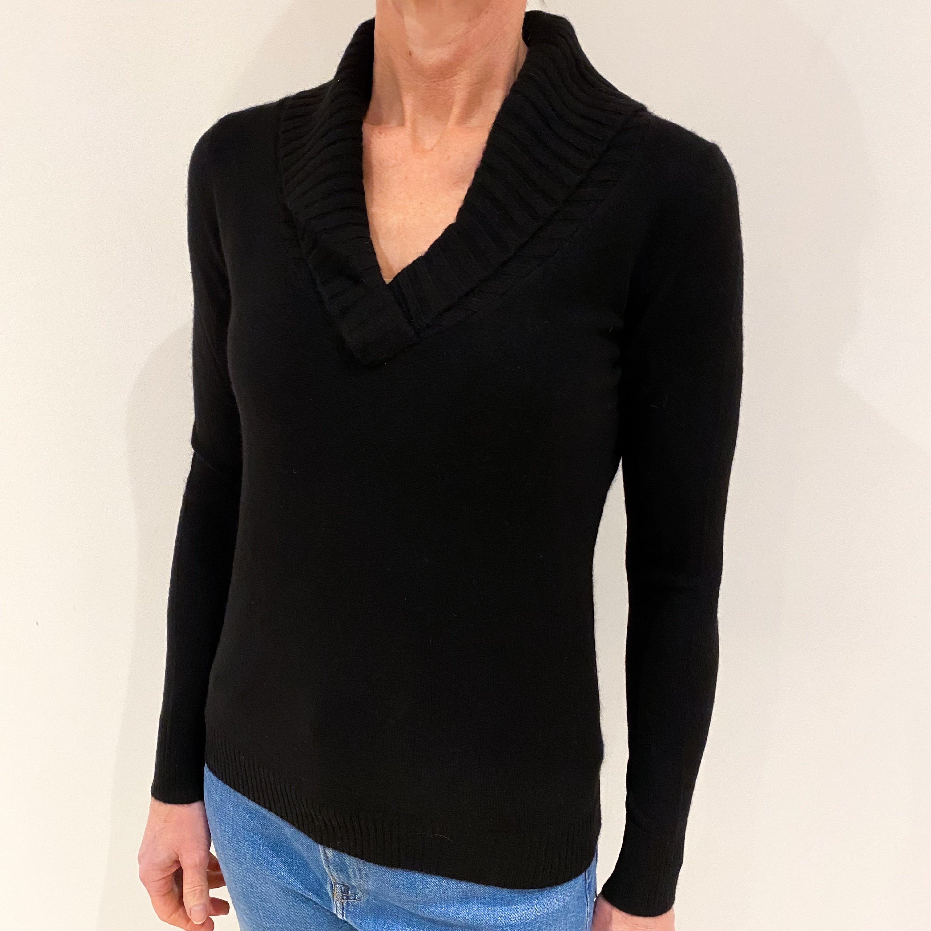 Black Shawl Collar Cashmere V Neck Jumper Small