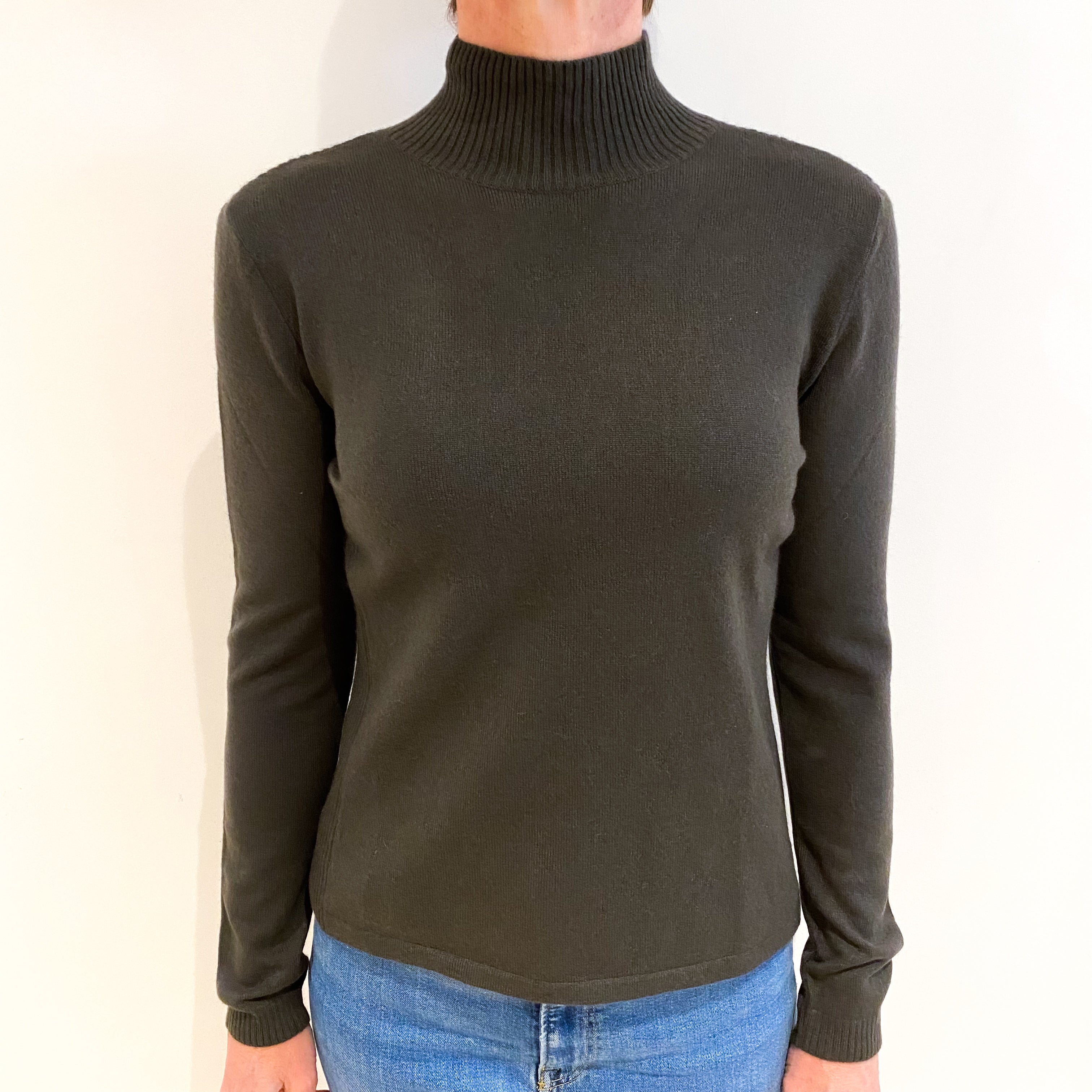 Deep Khaki Green Cashmere Turtle Neck Jumper Small