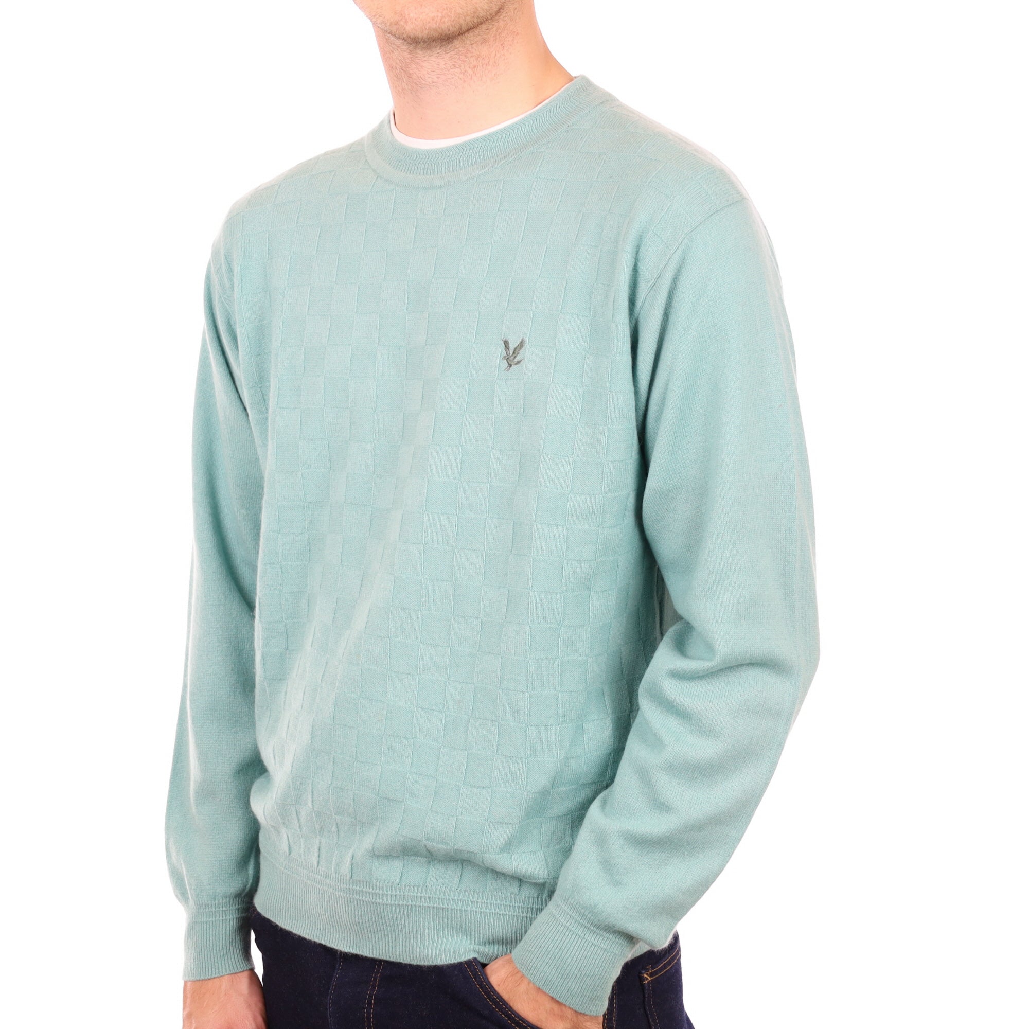 Men's Sea Foam Green Cashmere Textured Crew Neck Jumper Large
