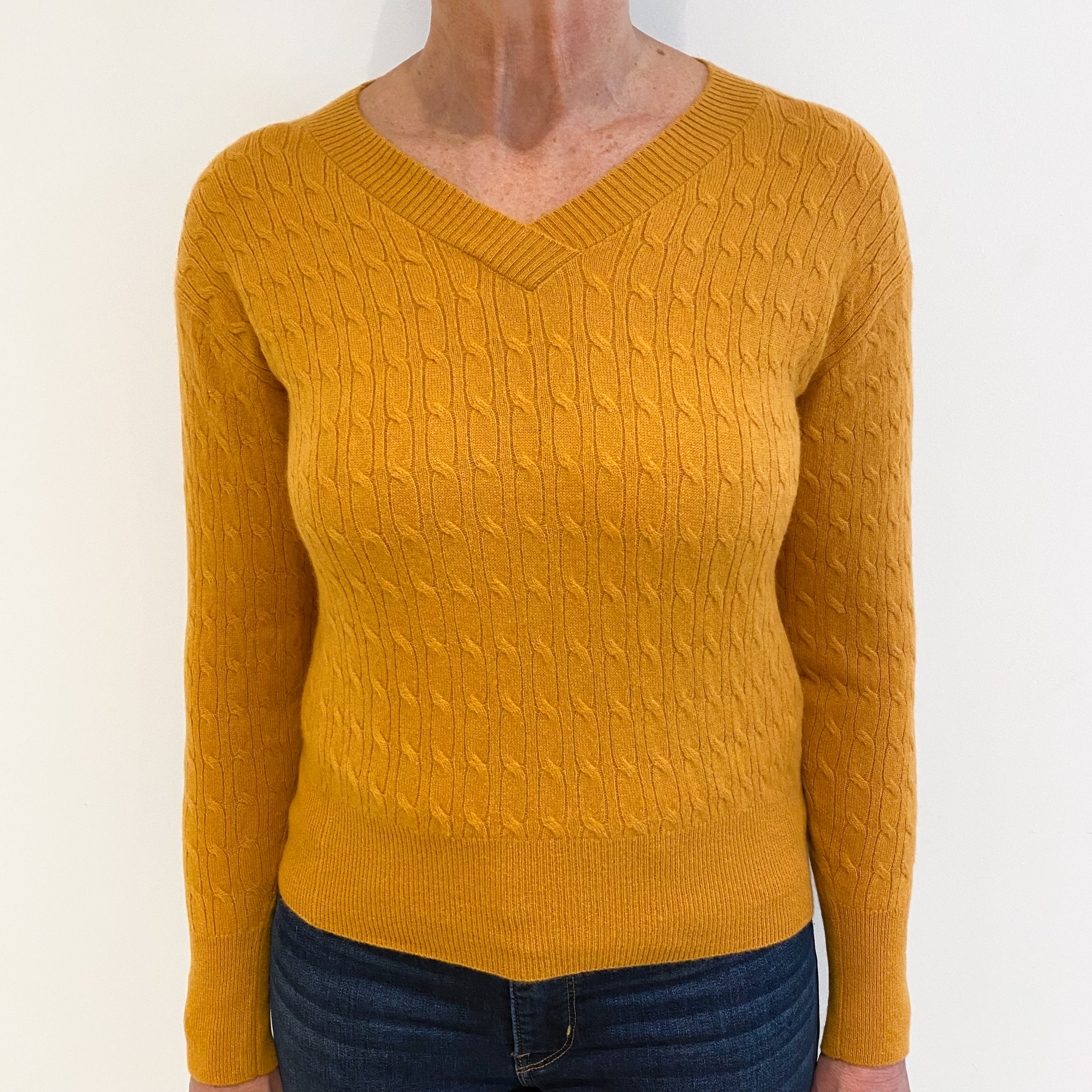 Ochre Orange Cable Cashmere V-Neck Jumper Medium