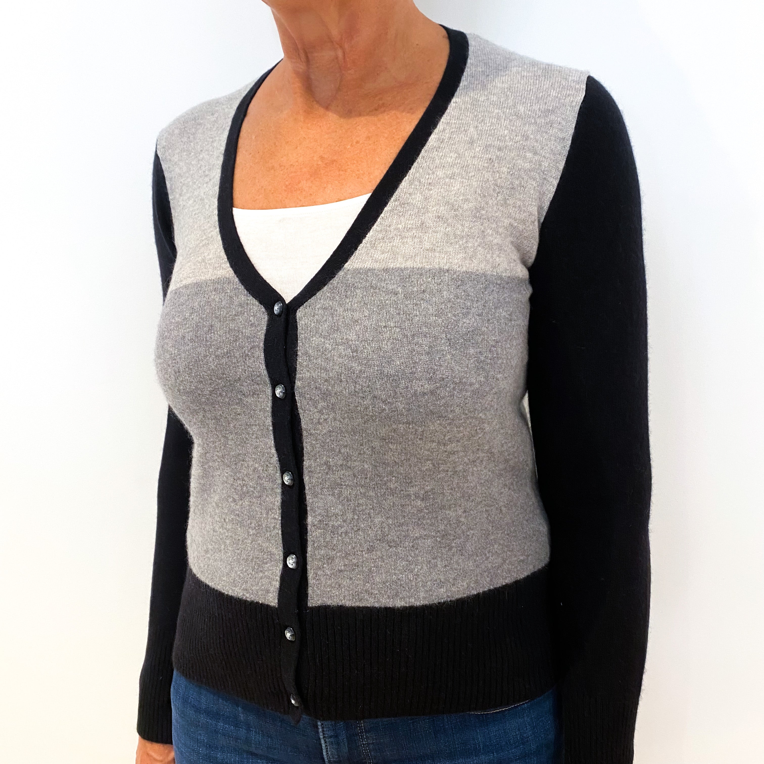 Black Grey Colour Block Cashmere V-Neck Cardigan Medium