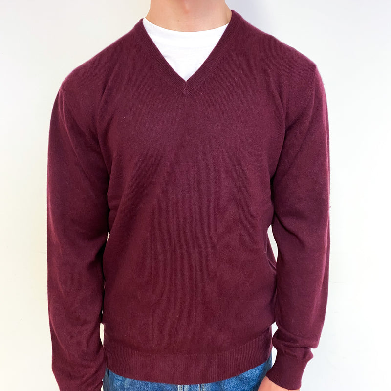 Men's Mulberry Purple Cashmere V-Neck Jumper Small