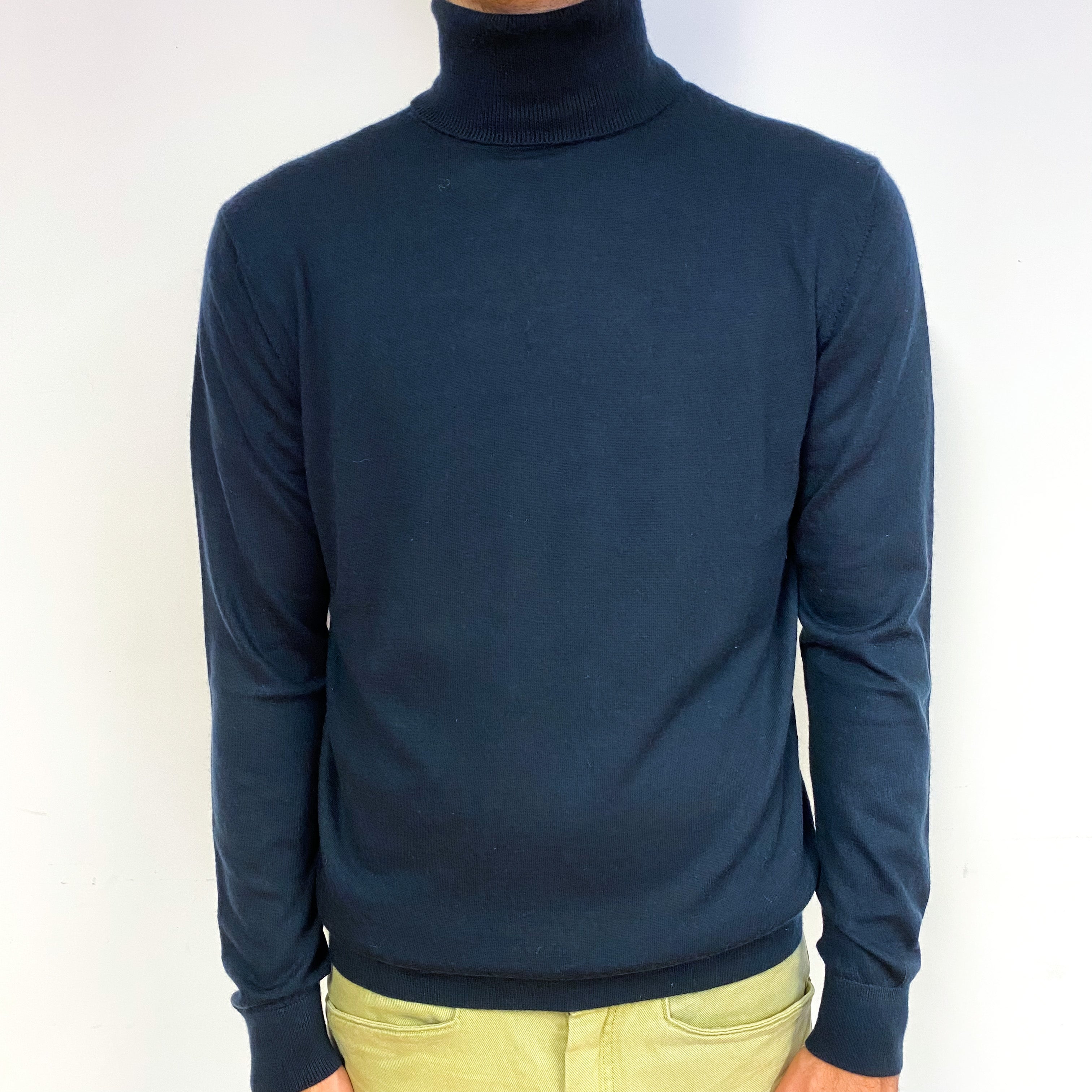 Men's Dark Navy Fine Knit Cashmere Polo Neck Jumper Large