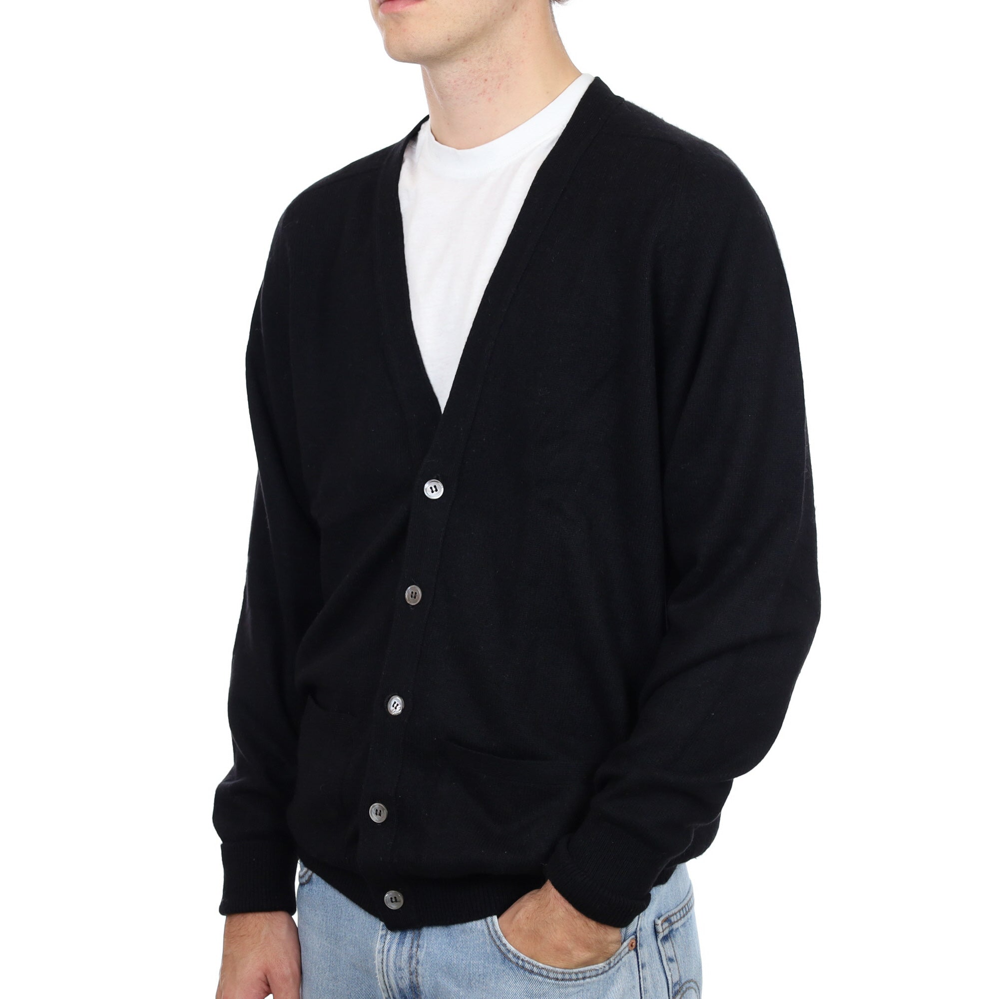 Men's Scottish Black Cashmere V Neck Cardigan Large