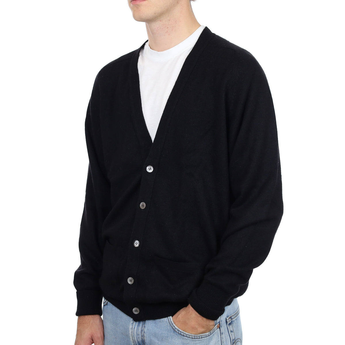 Men's Scottish Black Cashmere V Neck Cardigan Large