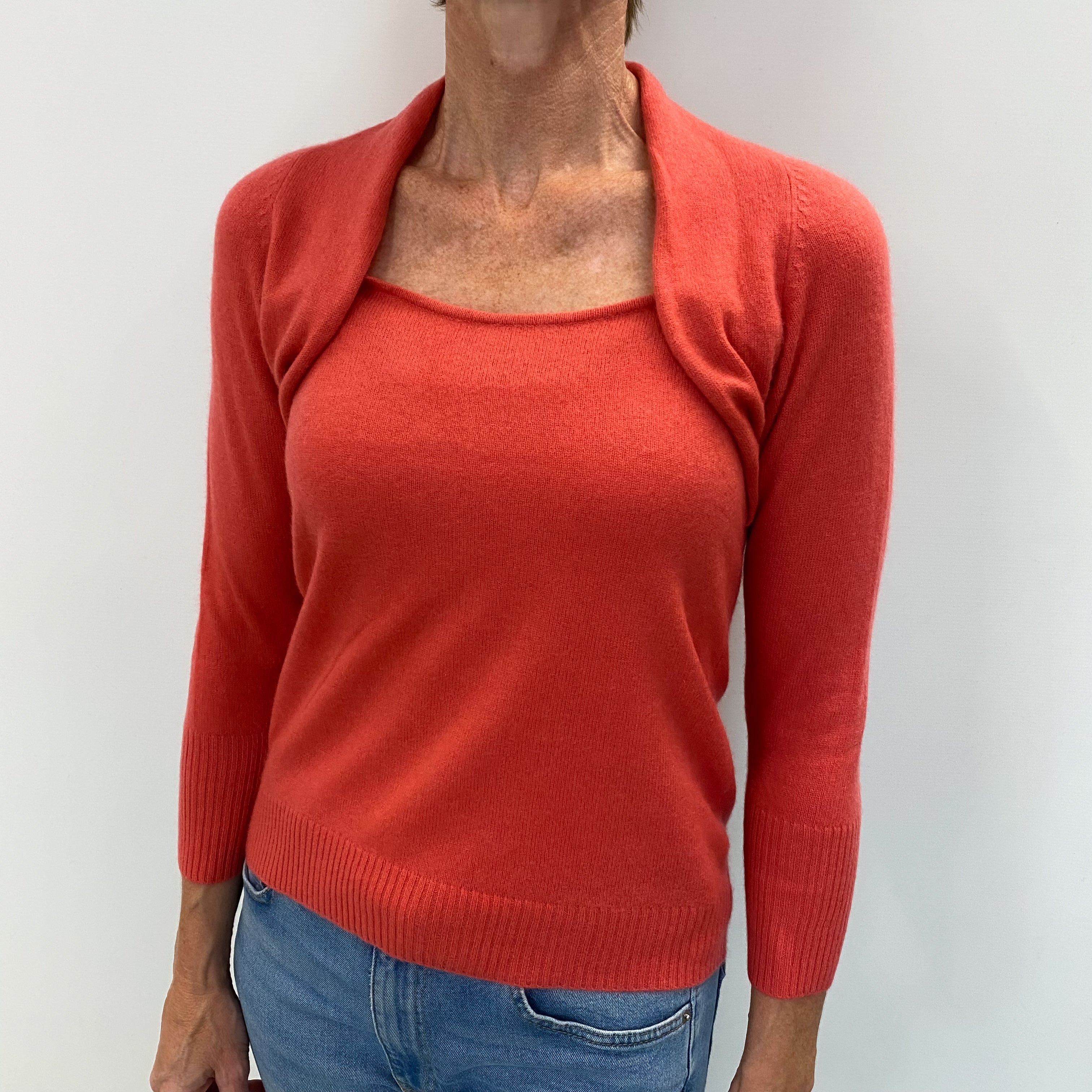 Coral Pink Cashmere Shawl Crew Neck Jumper Small